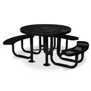 Black metal picnic table with three benches on a white background