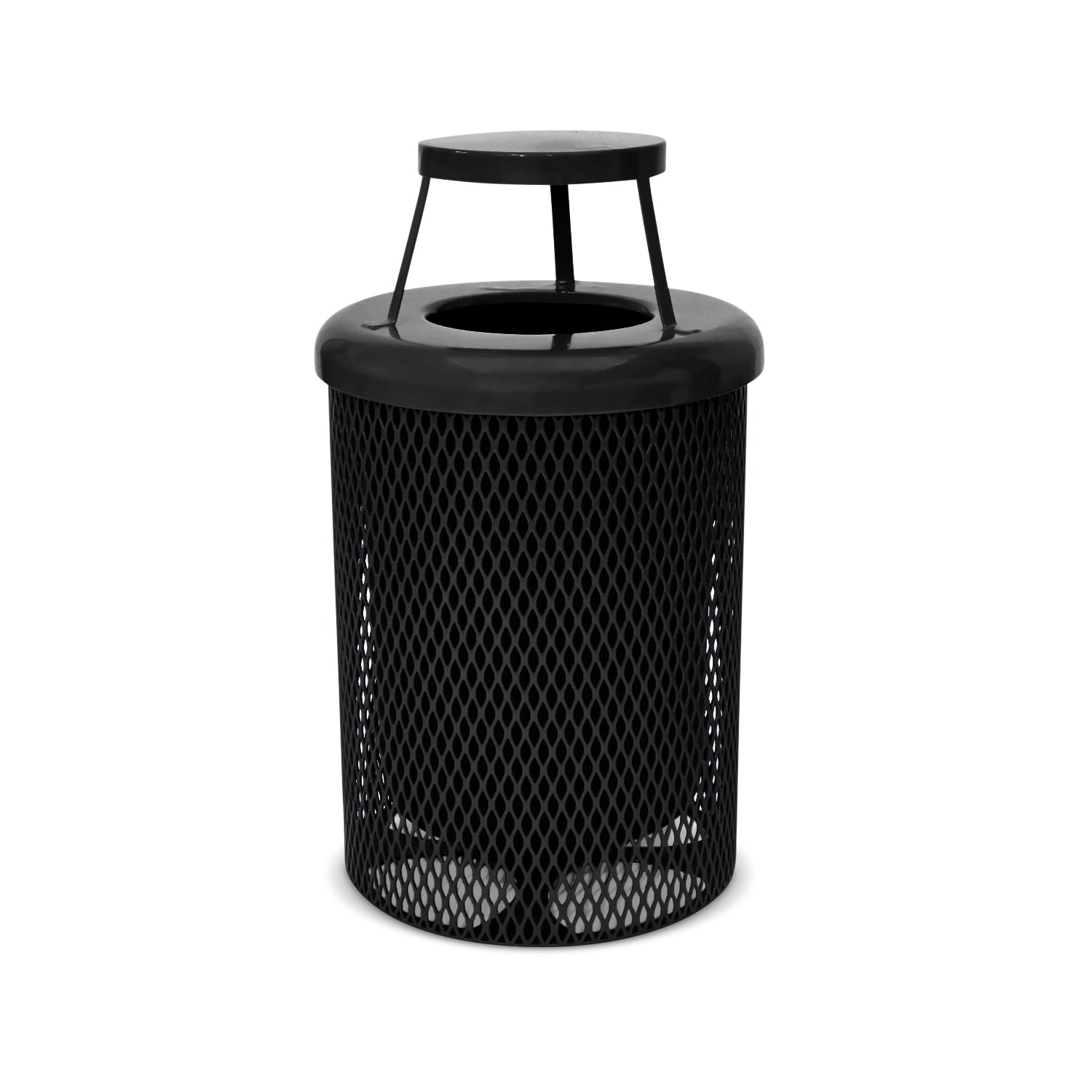 Black mesh trash can with lid on a white background