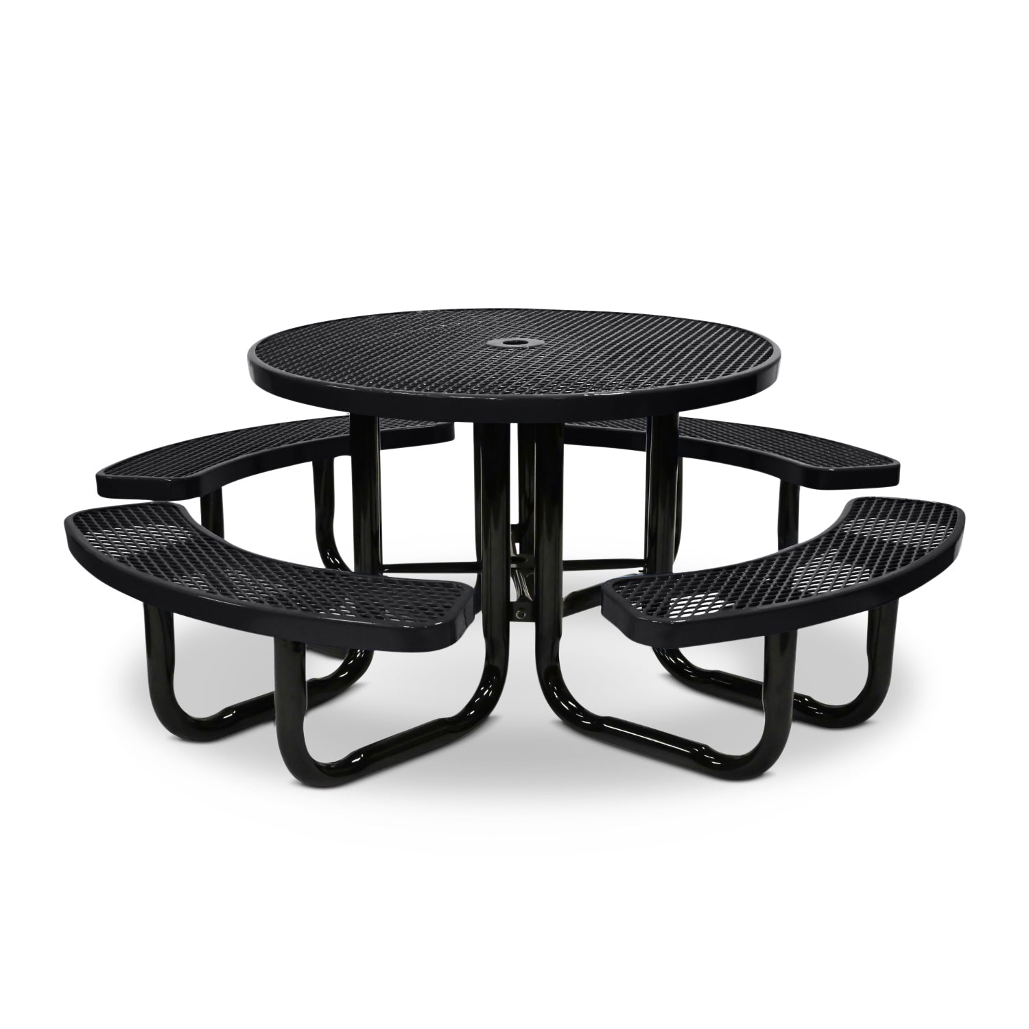 Black round picnic table with four curved bench seats on a white background