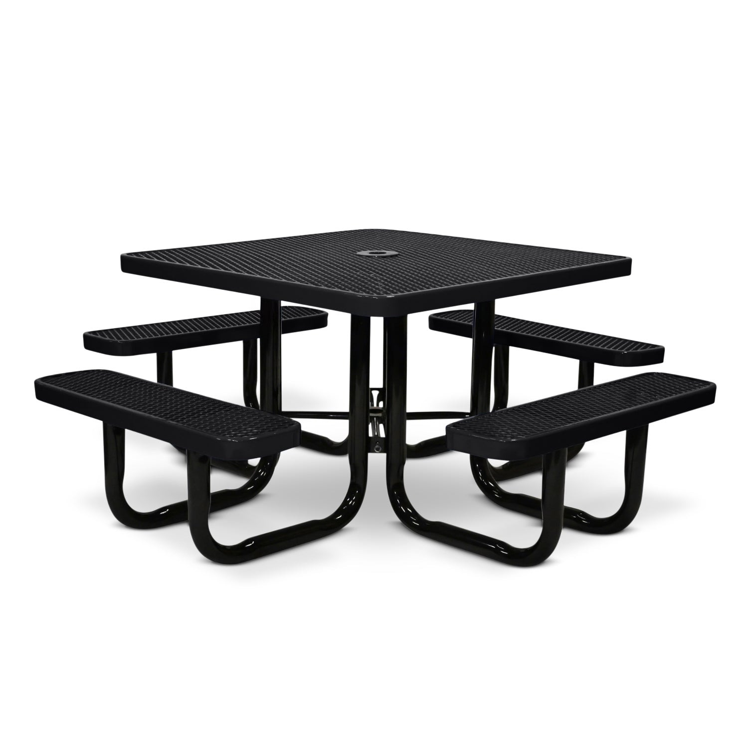 Black square metal picnic table with four benches on a white background