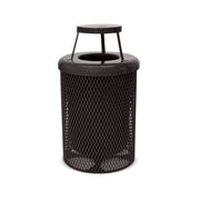 Brown mesh trash can with lid on a white background