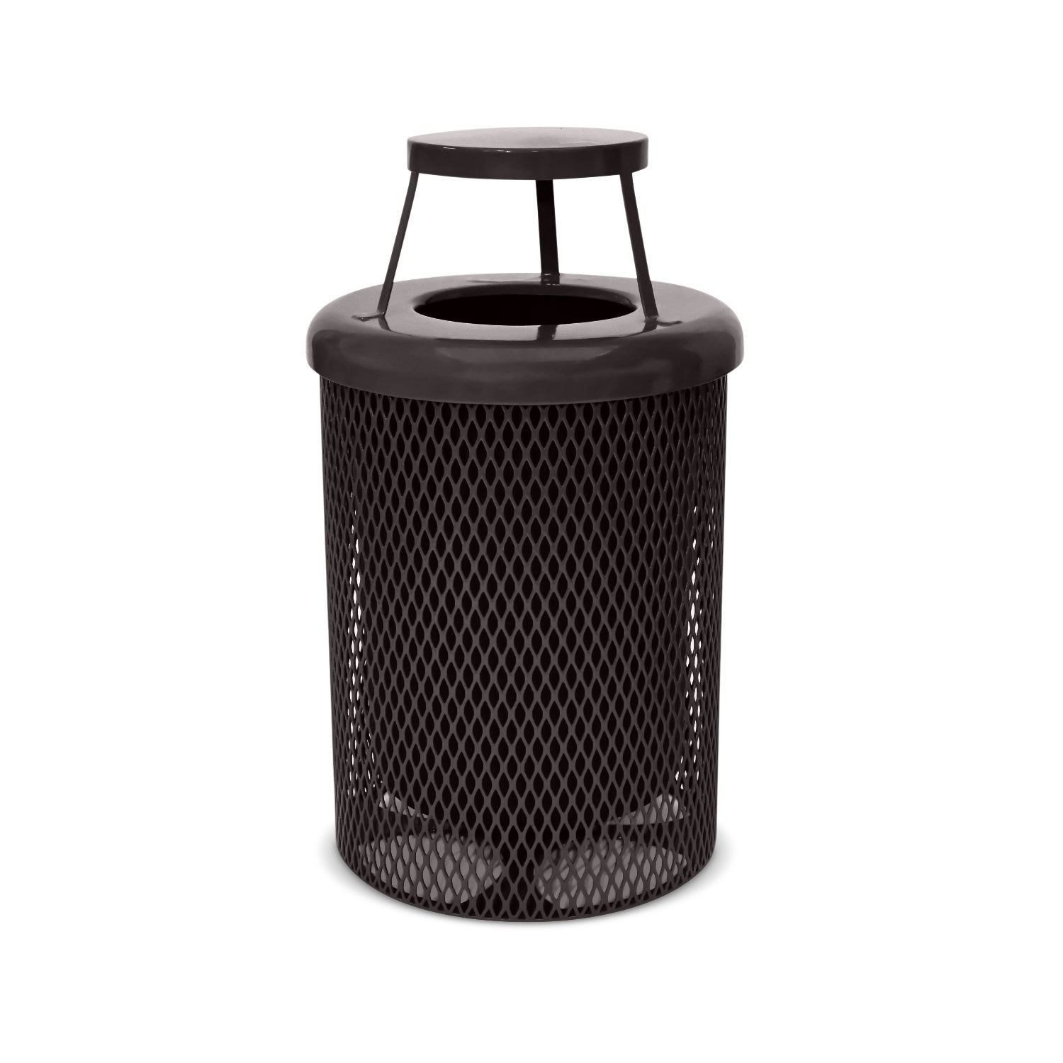 Brown mesh trash can with lid on a white background