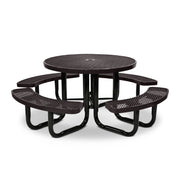 Round outdoor picnic table with four curved bench seats on a white background