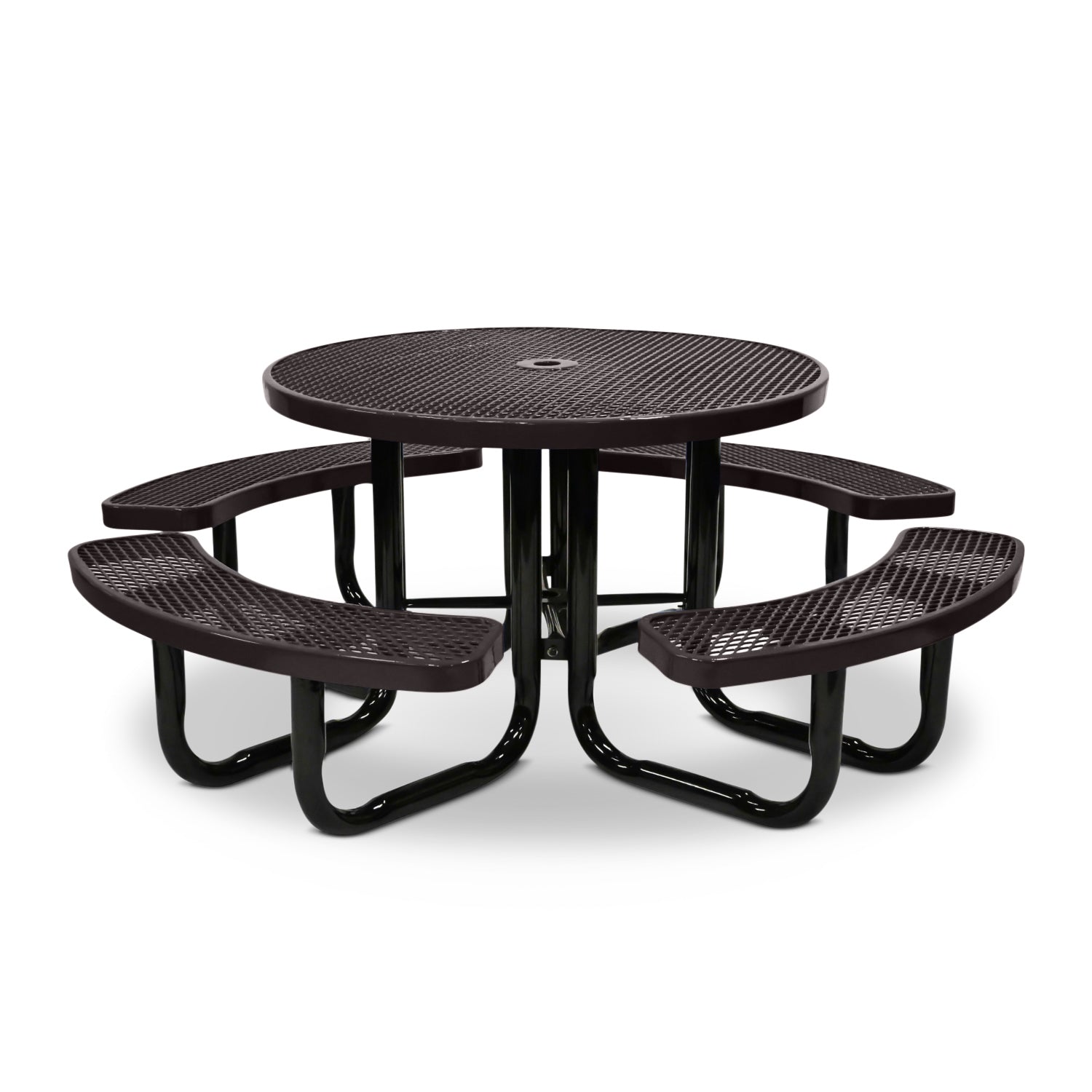 Round outdoor picnic table with four curved bench seats on a white background