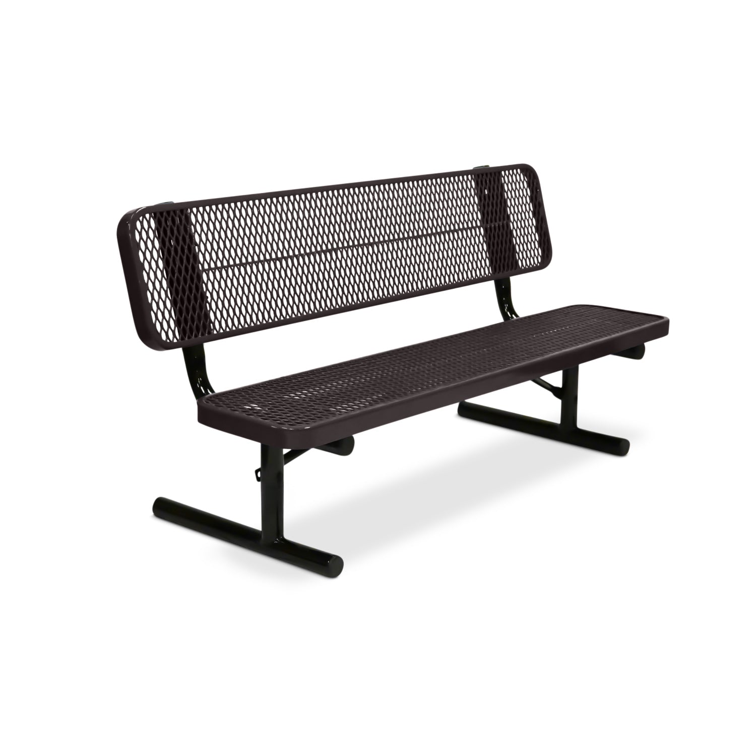 Brown metal bench with mesh backrest on a white background