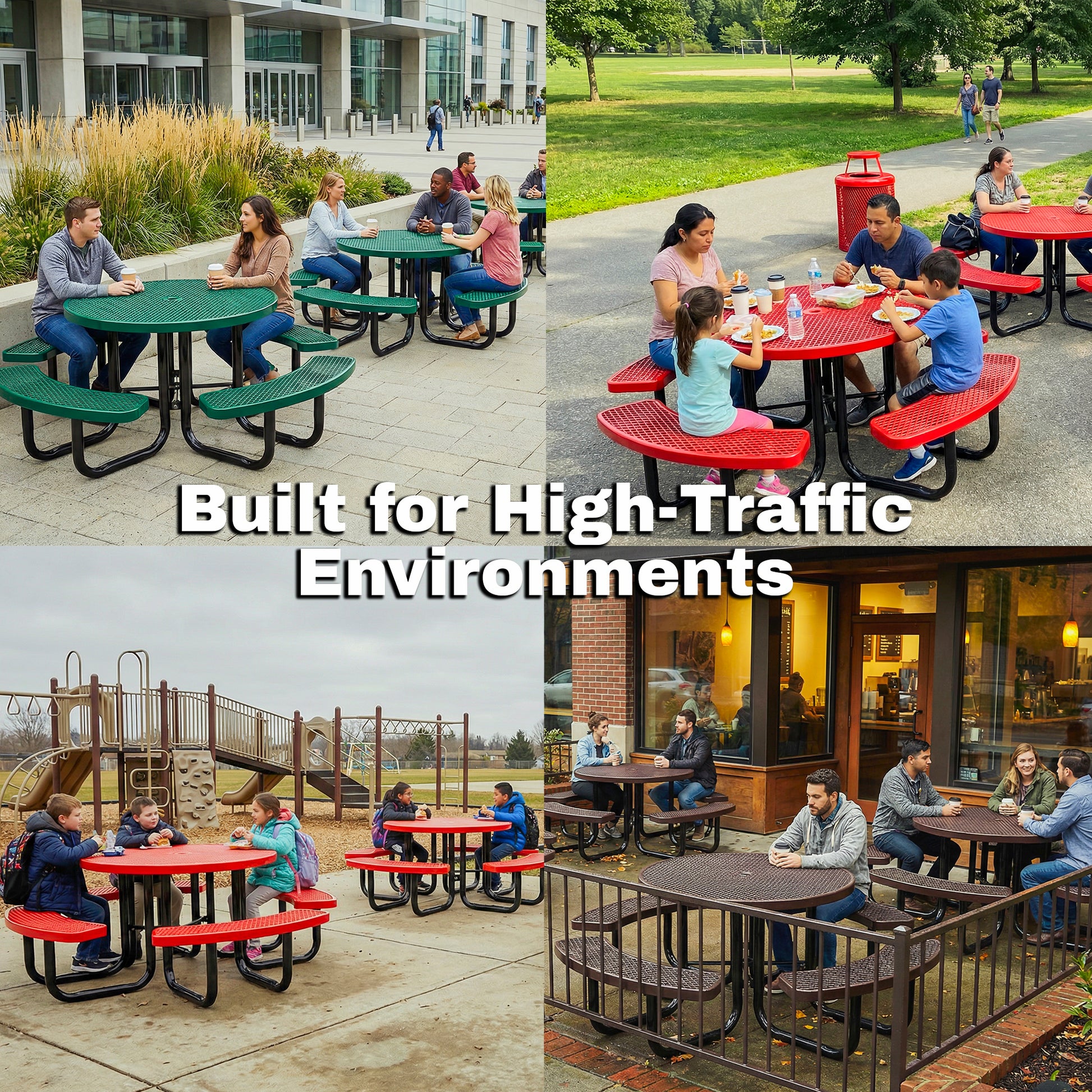 People using heavy duty round outdoor metal picnic tables in parks, schools, and commercial public areas.