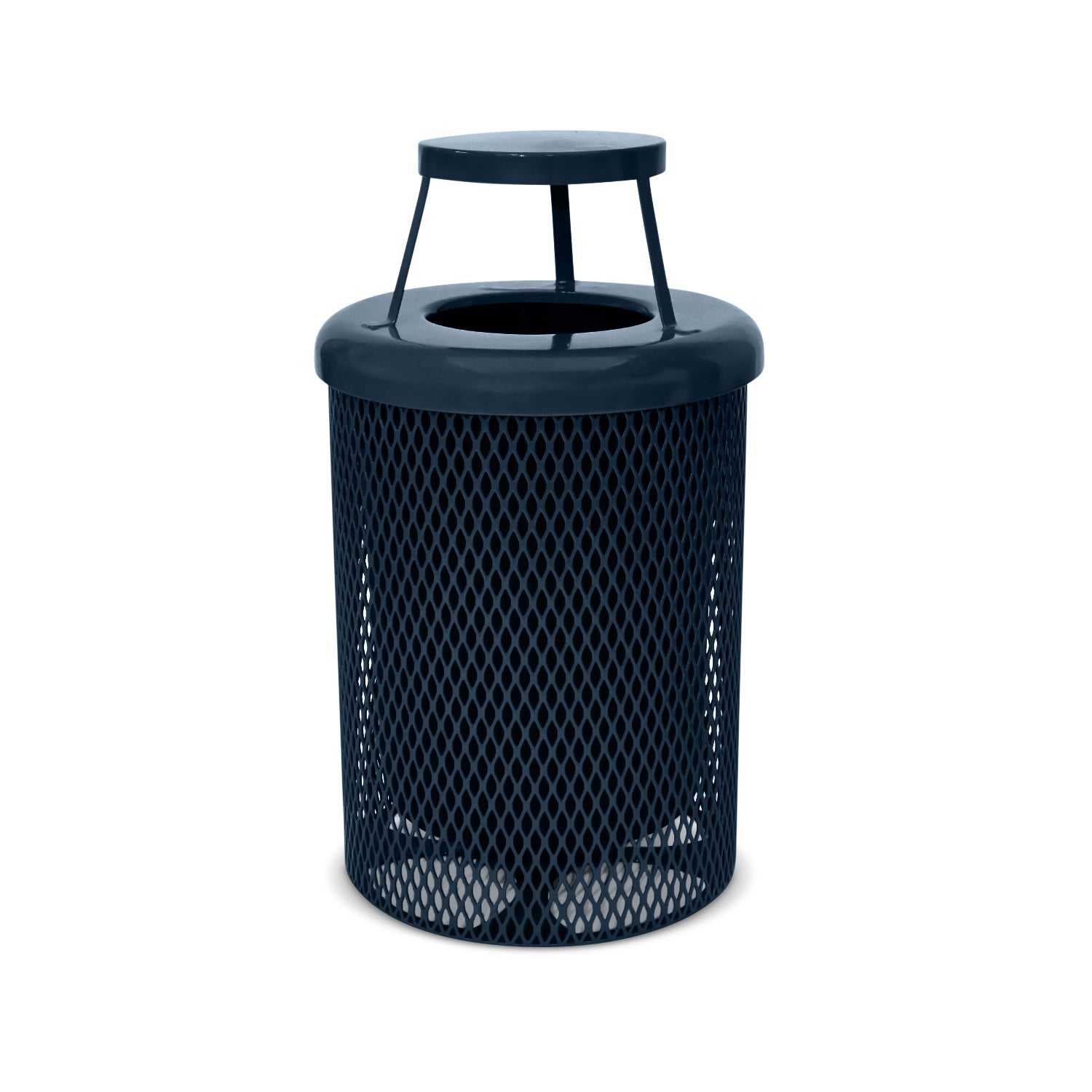 Dark blue mesh trash can on a white background