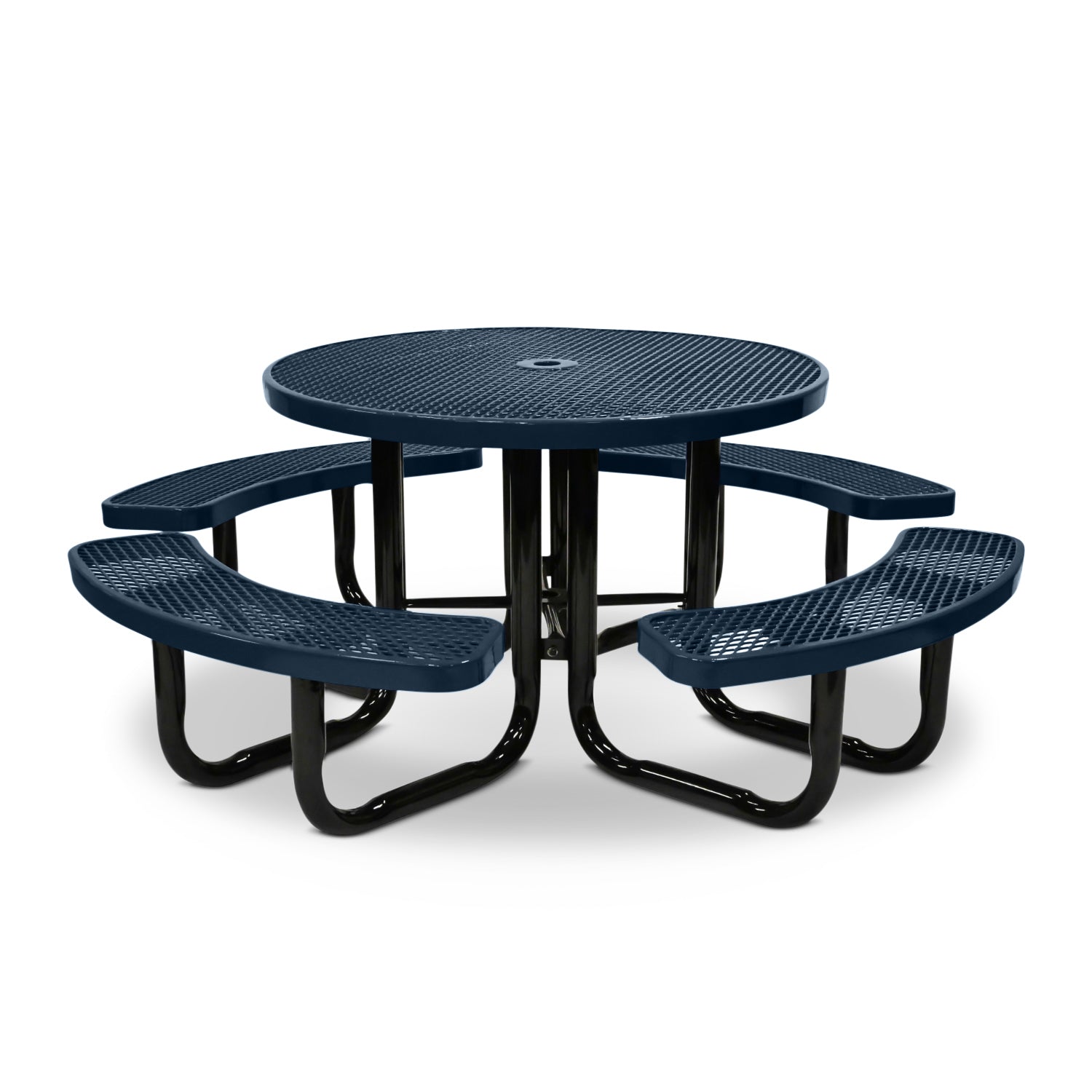 Dark blue round picnic table with four curved bench seats on a white background