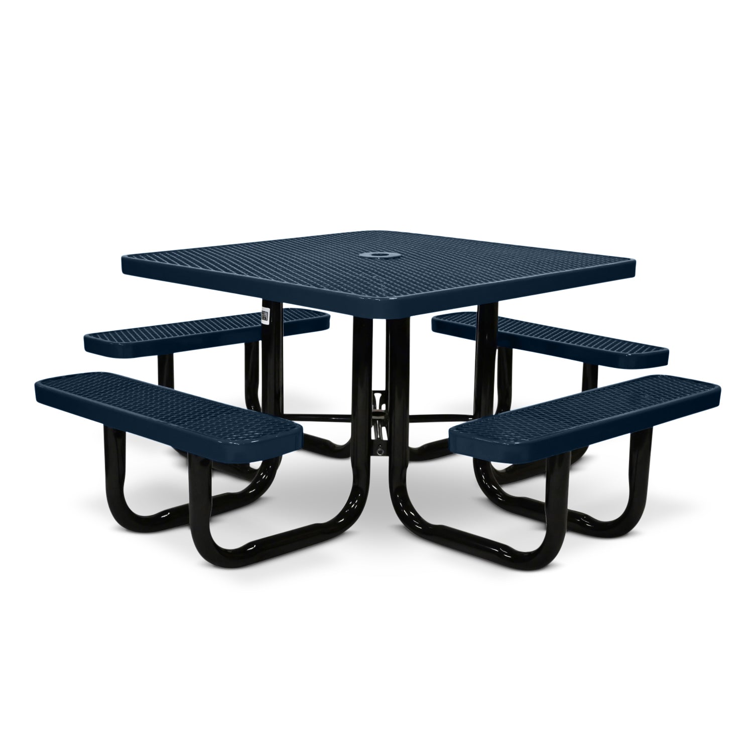Dark blue outdoor picnic table with four benches on a white background