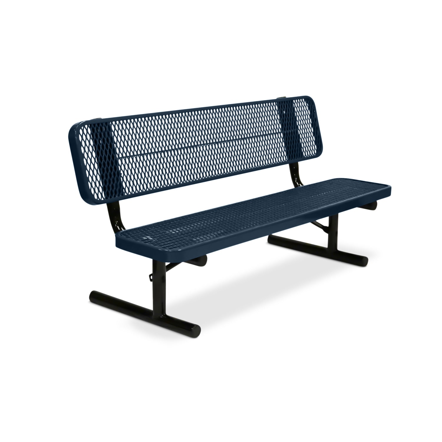 Dark blue metal bench with mesh back on a white background