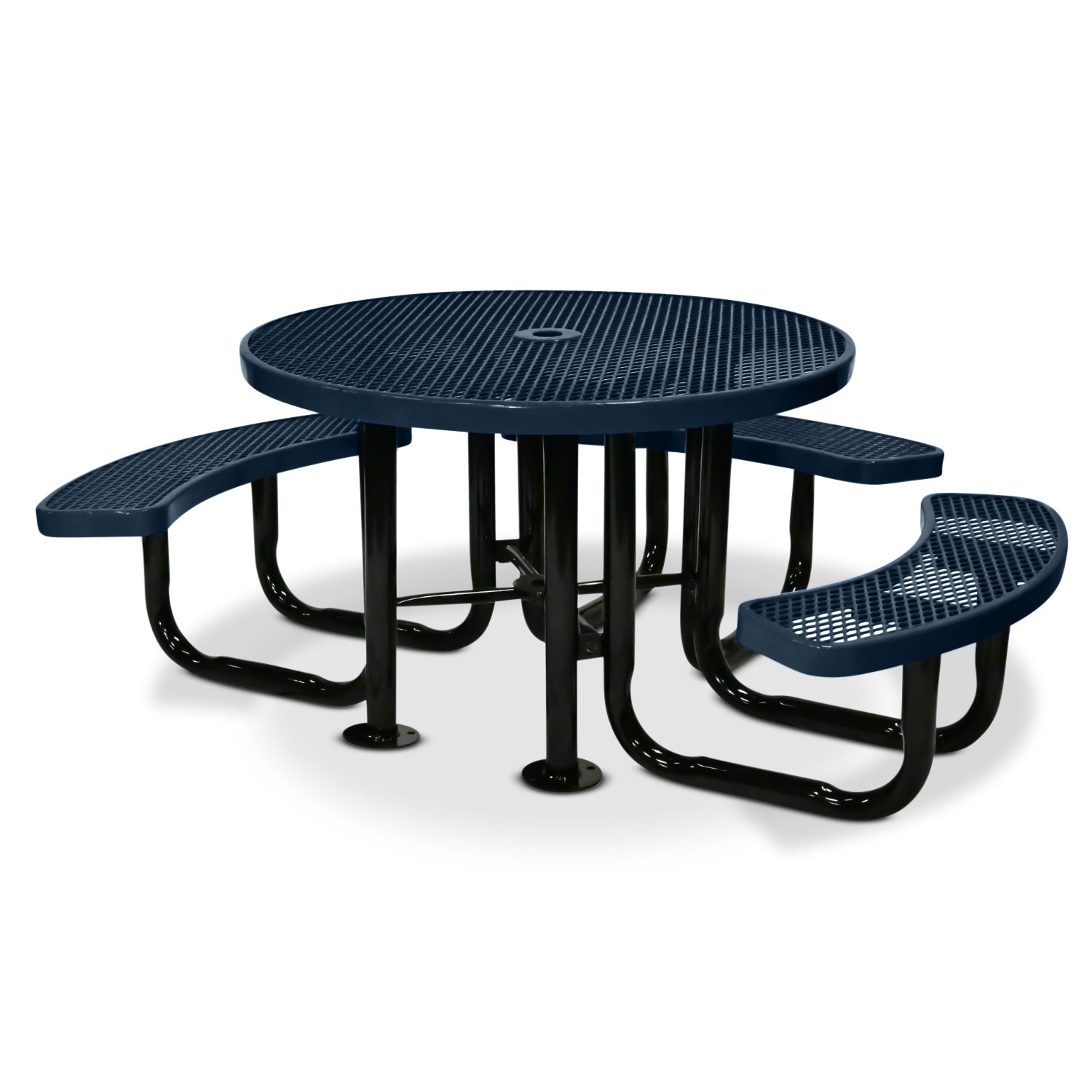 Dark blue round picnic table with three attached benches on a white background