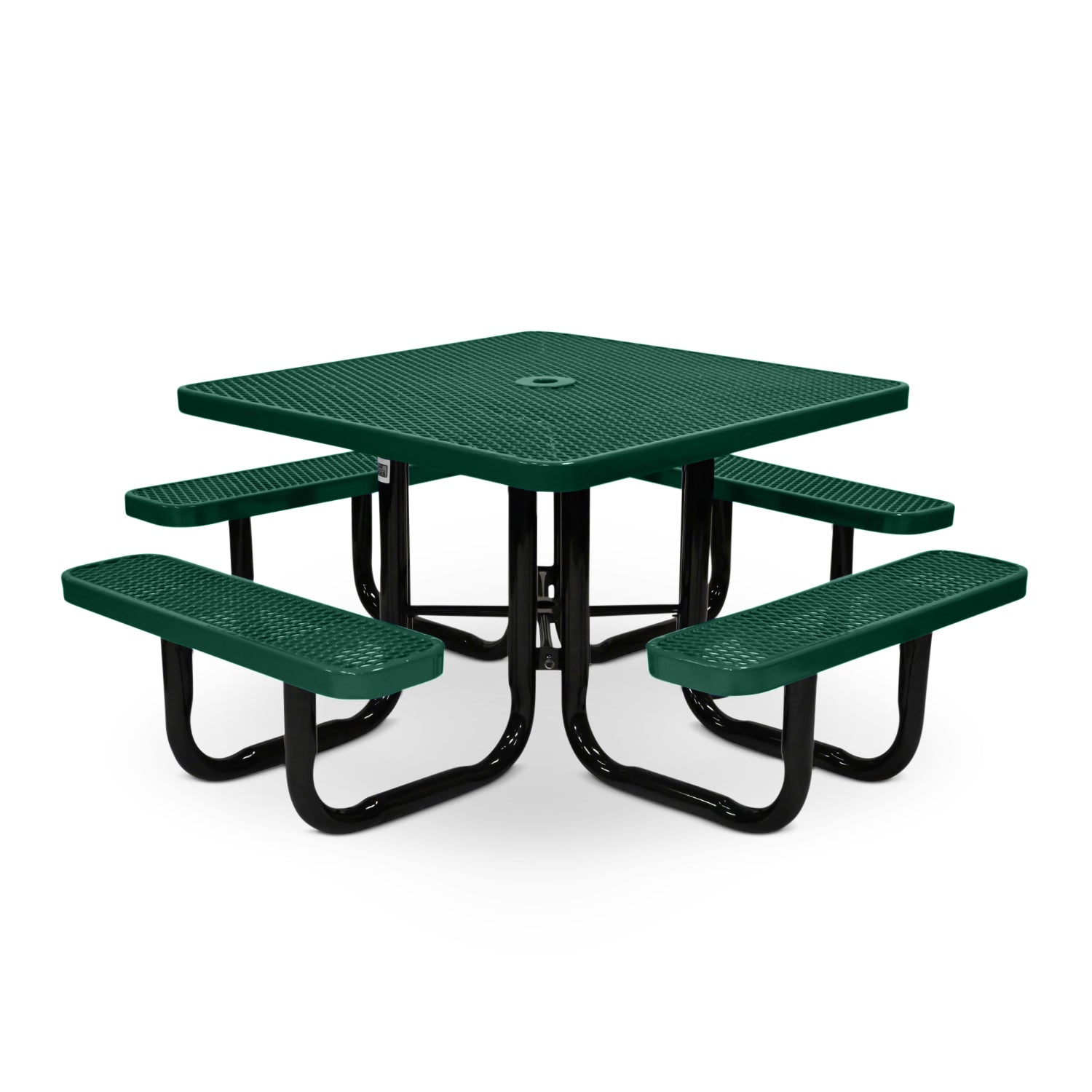 Green square outdoor picnic table with four benches on a white background