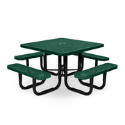 Green square outdoor picnic table with four benches on a white background