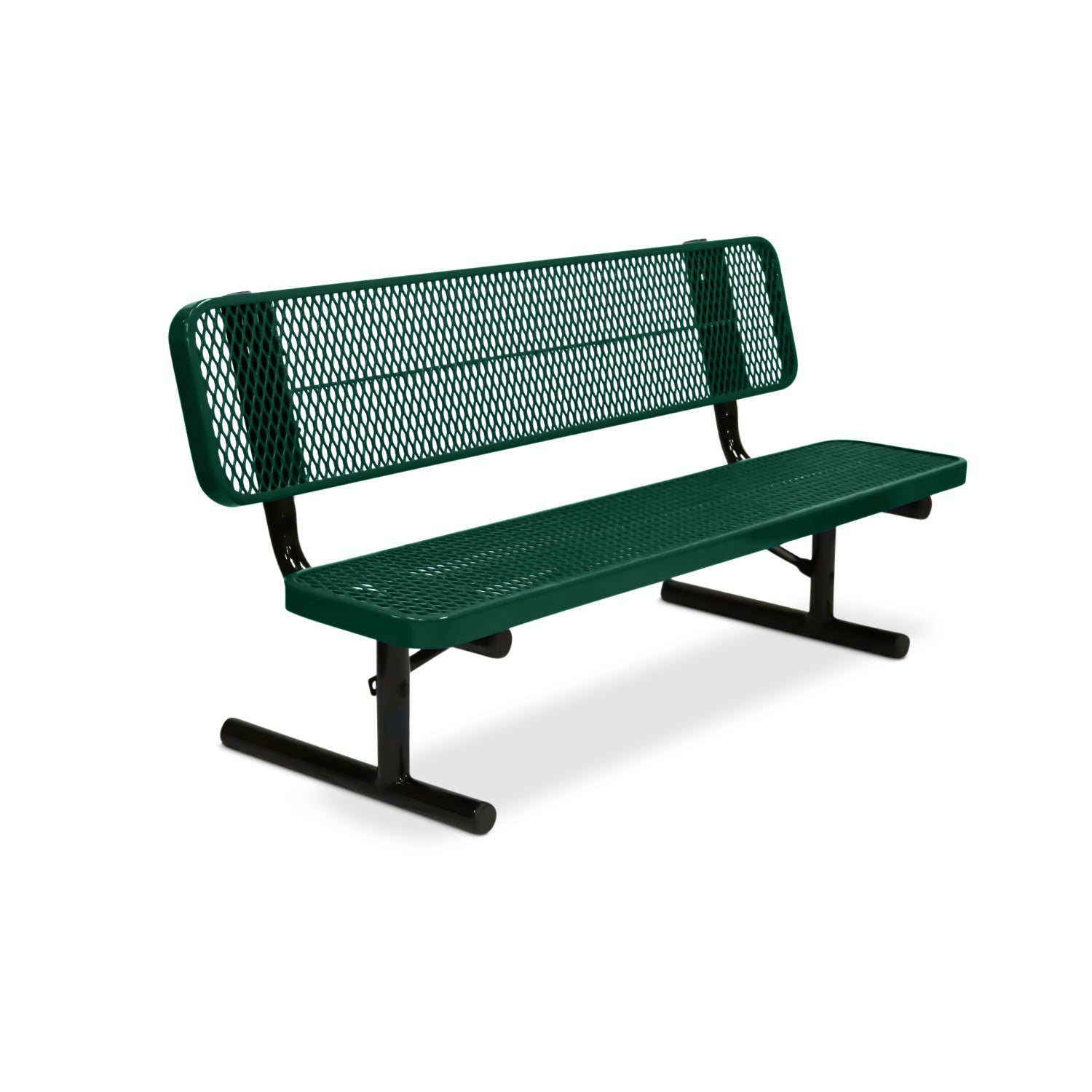 Green metal bench with mesh back on a white background