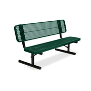 Green metal bench with mesh back on a white background