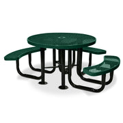 Green outdoor picnic table with three benches on a white background