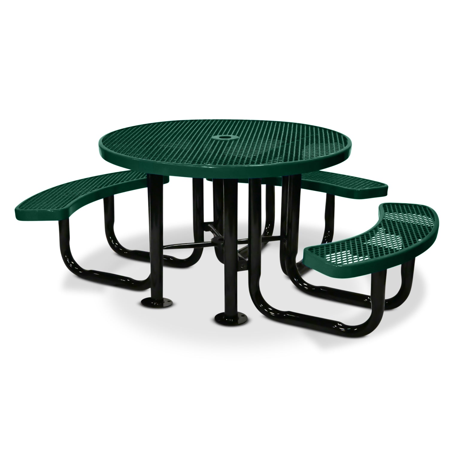 Green outdoor picnic table with three benches on a white background