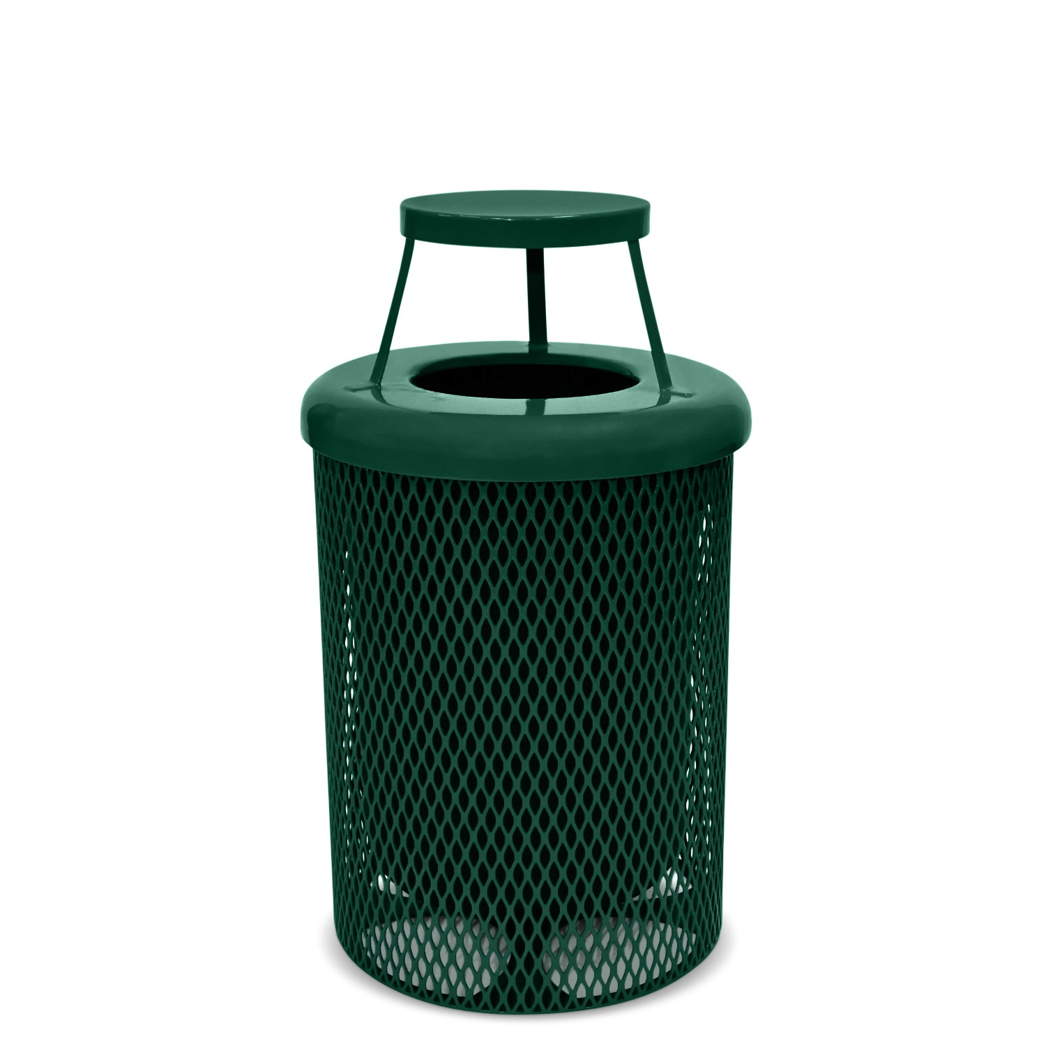 Green metal trash can with a mesh design on a white background
