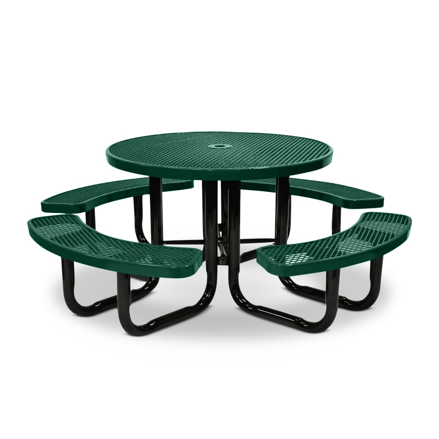 Green round picnic table with four curved bench seats on a white background