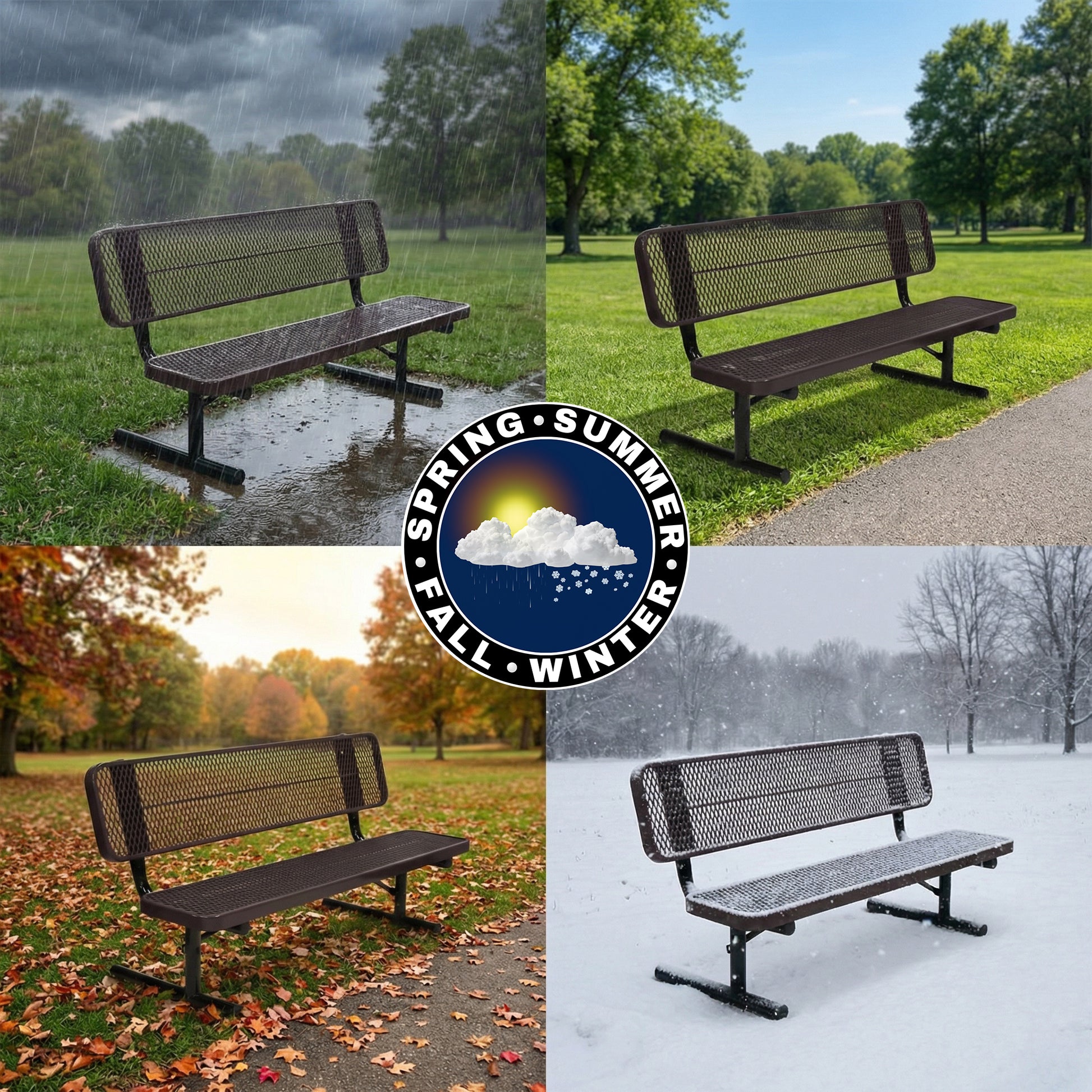 Collage of a bench in different seasons with a 'Spring Summer Fall Winter' logo.