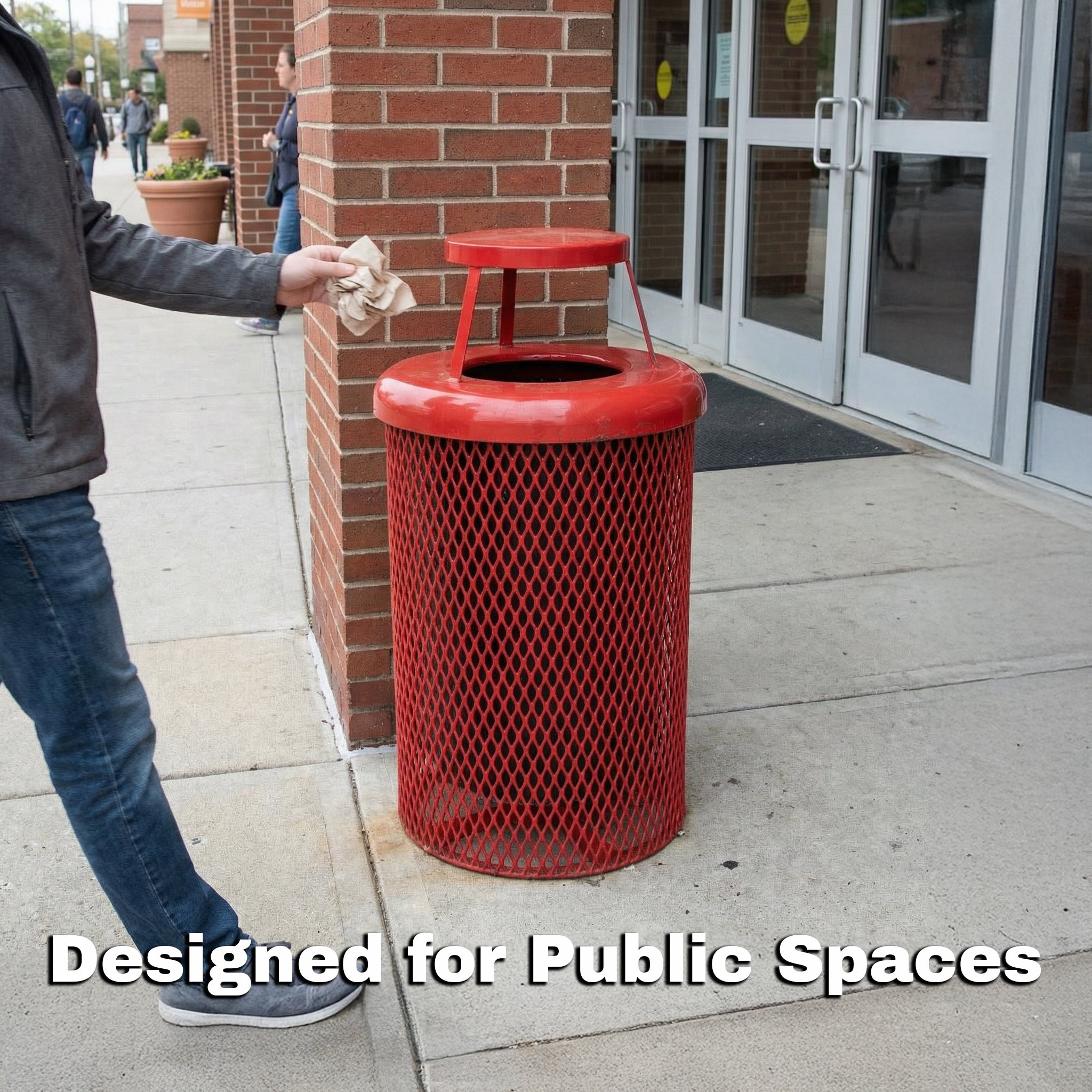 Person throwing trash into a red outdoor metal trash receptacle outside a public building entrance, with the text “Designed for Public Spaces.”