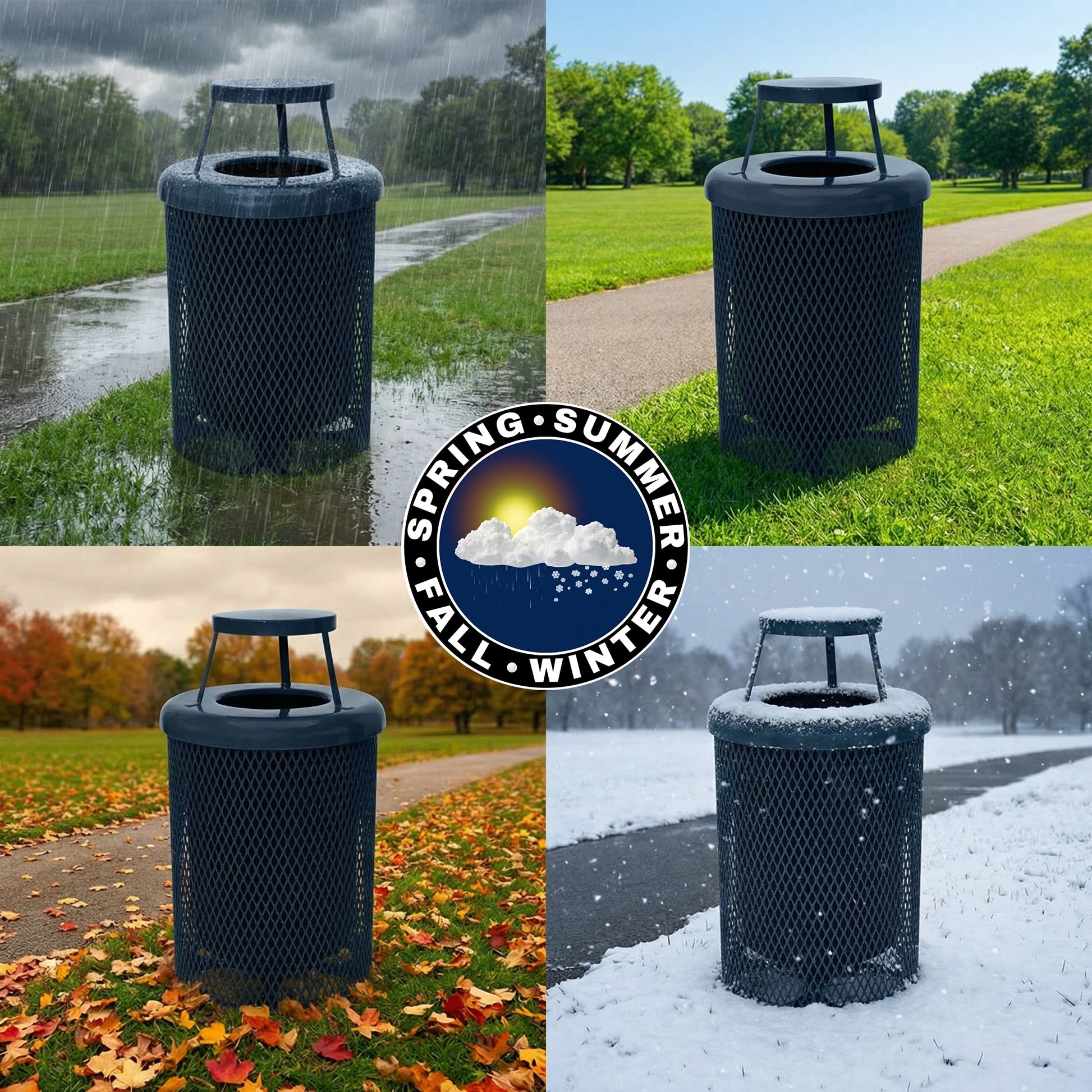 Outdoor metal trash receptacle shown in four seasonal park settings — rain in spring, sunny summer grass, autumn leaves, and winter snow — with a seasonal weather badge in the center.