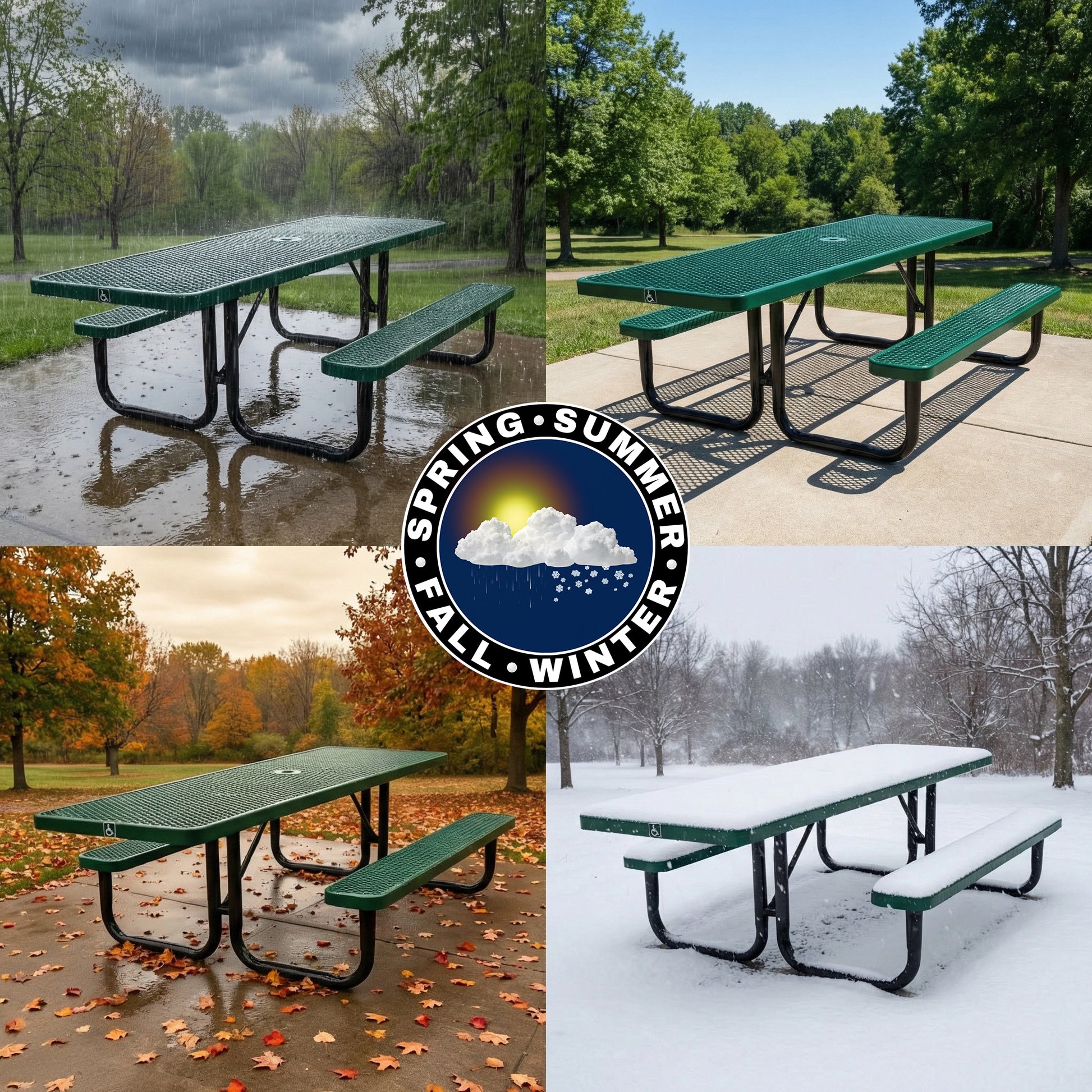 Green heavy-duty ADA outdoor picnic table shown in spring rain, summer sun, fall leaves, and winter snow to demonstrate all-weather durability.