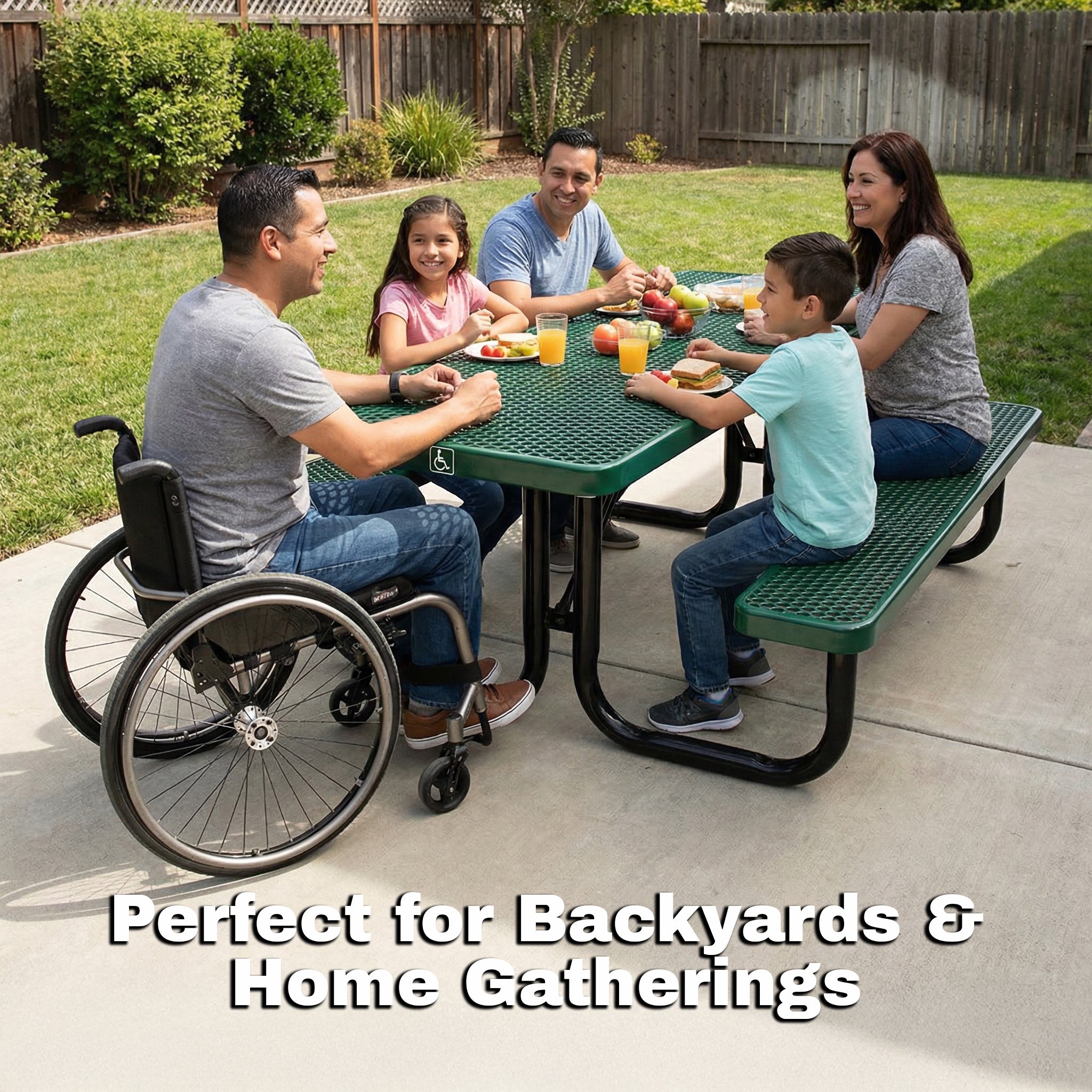Family sitting at a heavy-duty ADA outdoor picnic table with wheelchair access in a backyard patio setting, shown during a home gathering.