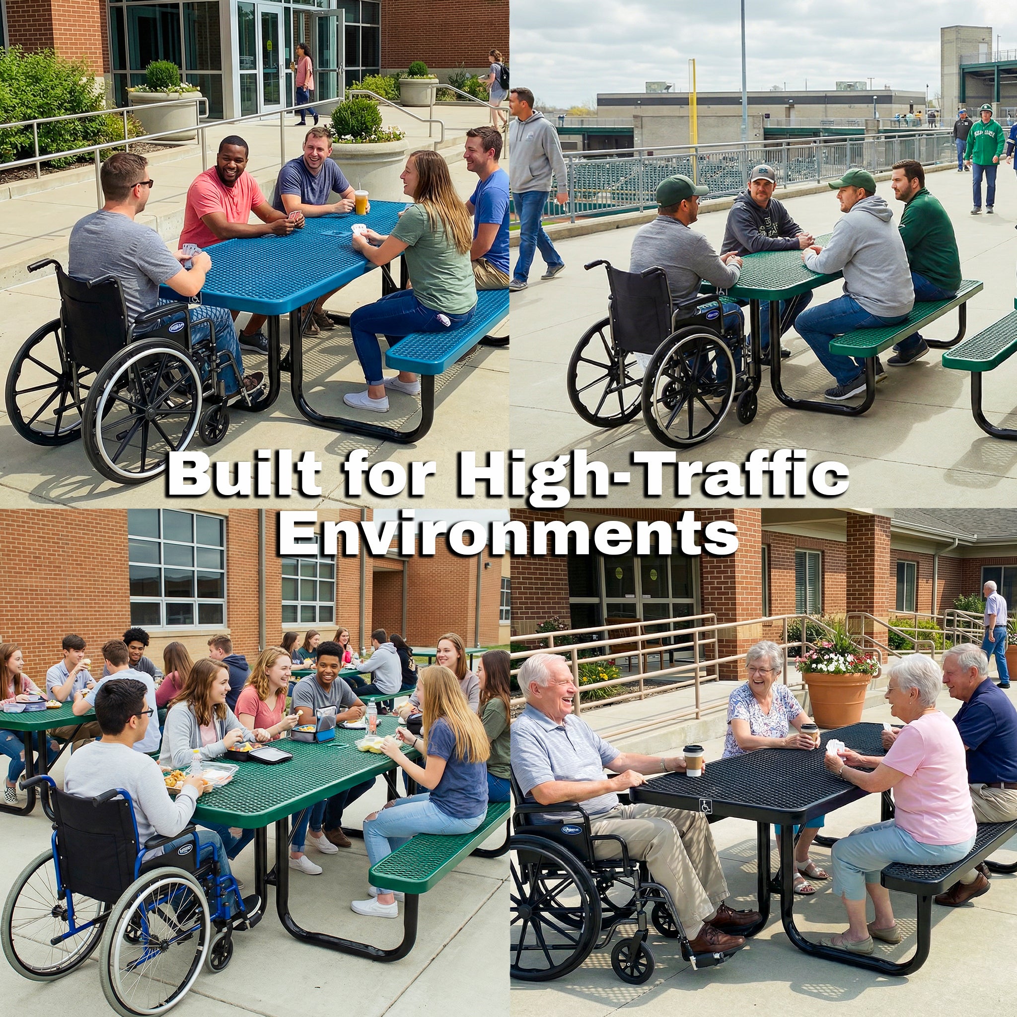 Collage of people using a heavy-duty ADA outdoor picnic table with wheelchair access in busy public settings, including campuses and community gathering areas.