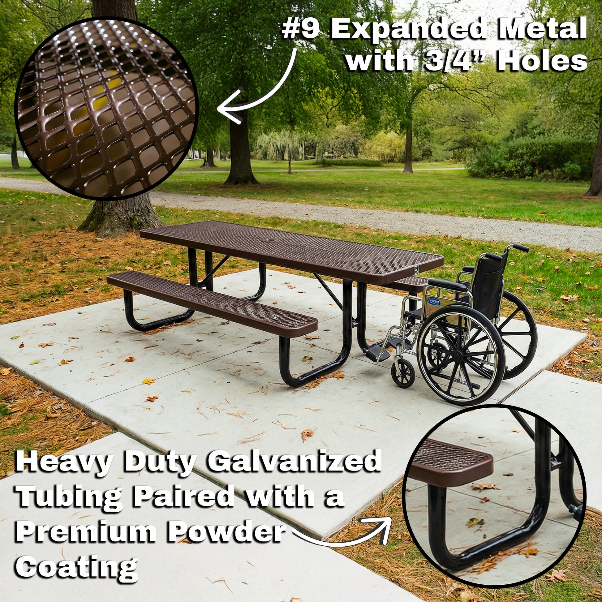 Heavy-duty ADA rectangle outdoor picnic table with expanded metal surface and powder-coated galvanized steel frame, installed on a concrete pad with wheelchair accessibility.