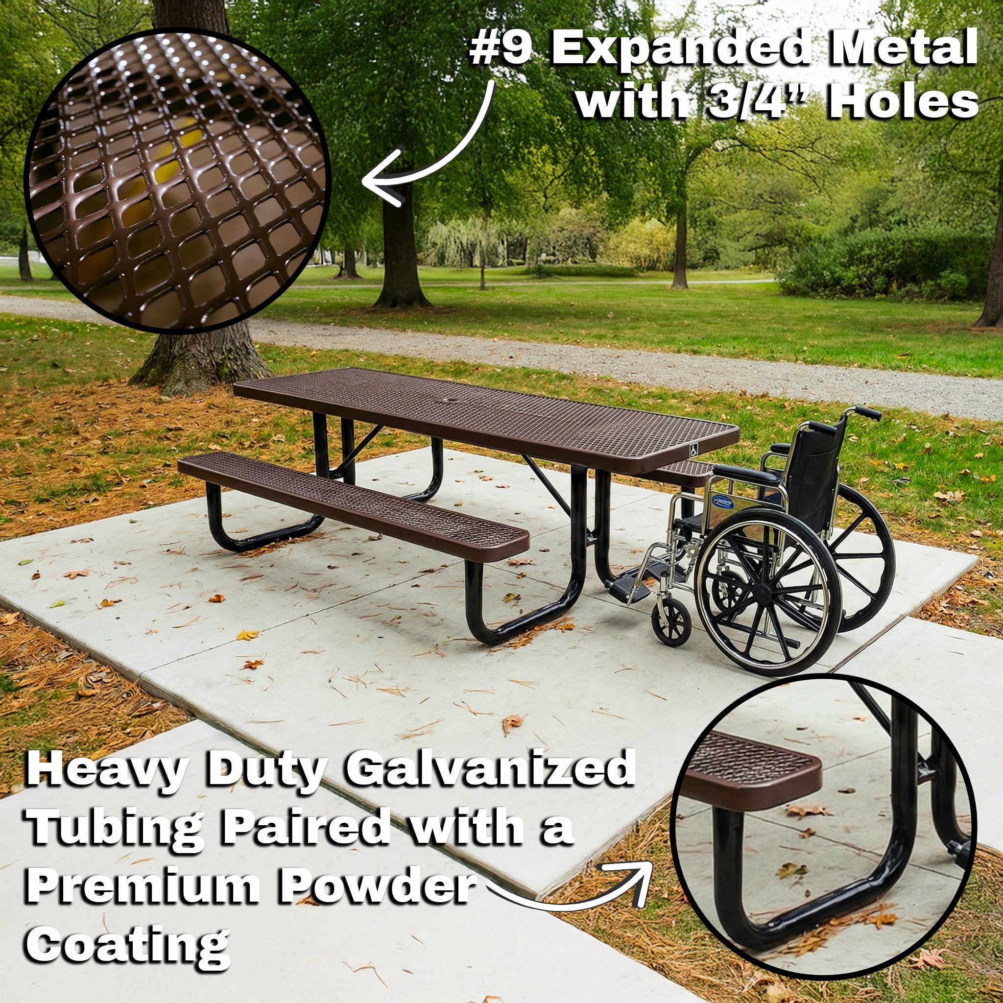 Heavy-duty ADA rectangle outdoor picnic table with expanded metal surface and powder-coated galvanized steel frame, installed on a concrete pad with wheelchair accessibility.