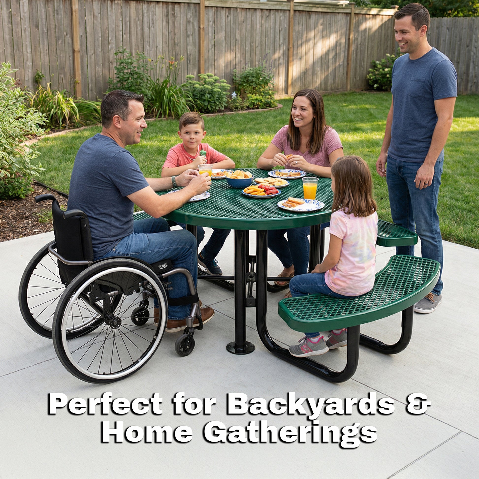 Family gathered around a heavy-duty ADA round outdoor picnic table with wheelchair access in a backyard patio setting.