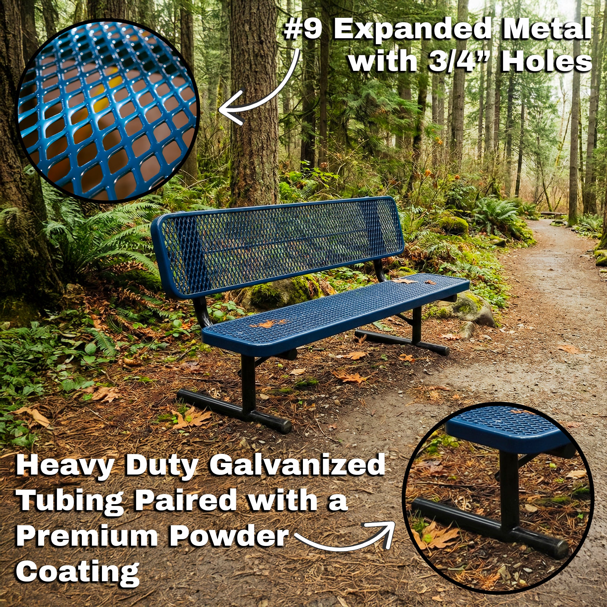 Blue metal bench in a forest setting with text highlighting features