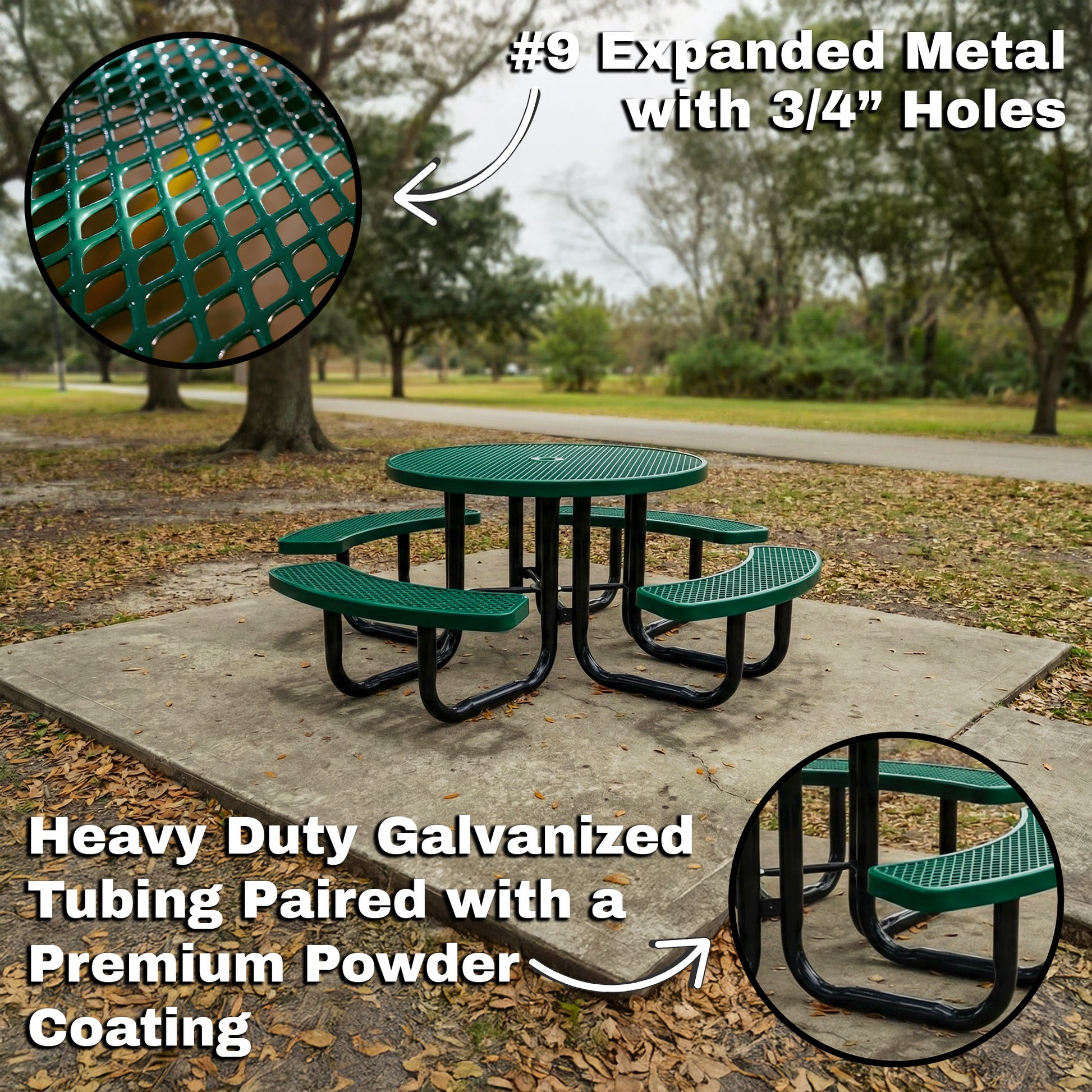 Green round heavy duty outdoor metal picnic table with expanded metal surface and powder coated steel frame.