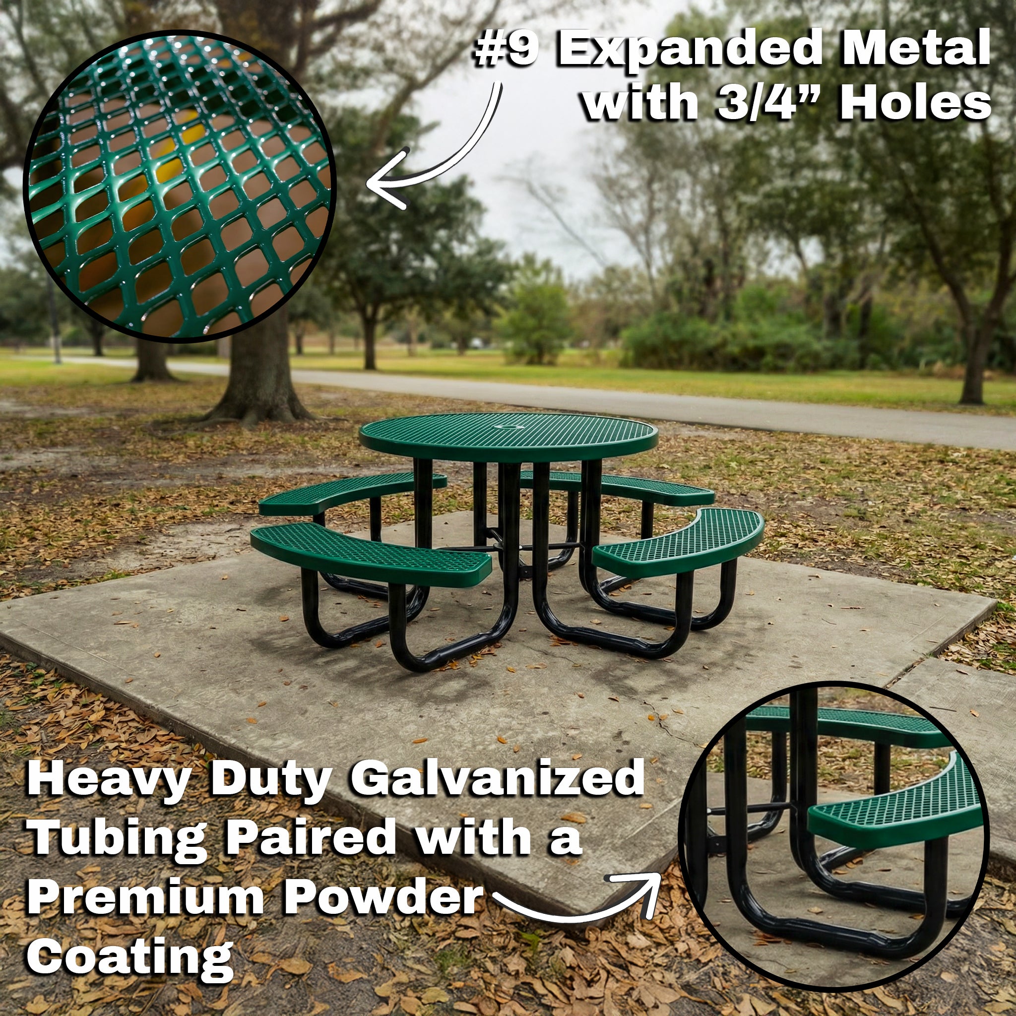 Green round heavy duty outdoor metal picnic table with expanded metal surface and powder coated steel frame.