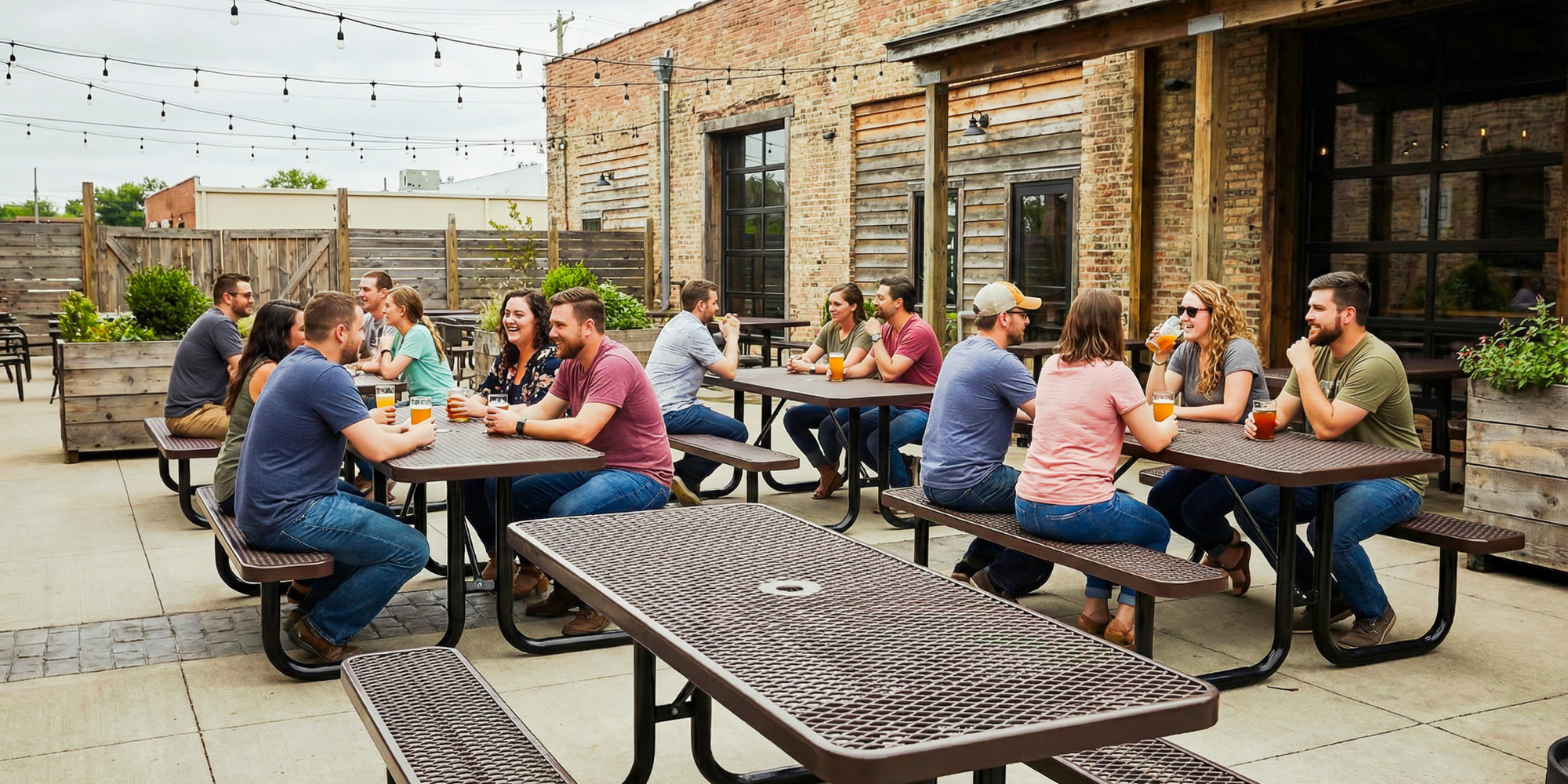 Heavy-duty brown expanded metal rectangular picnic tables with powder-coated steel frames designed for durable commercial outdoor seating and high-traffic patio dining areas