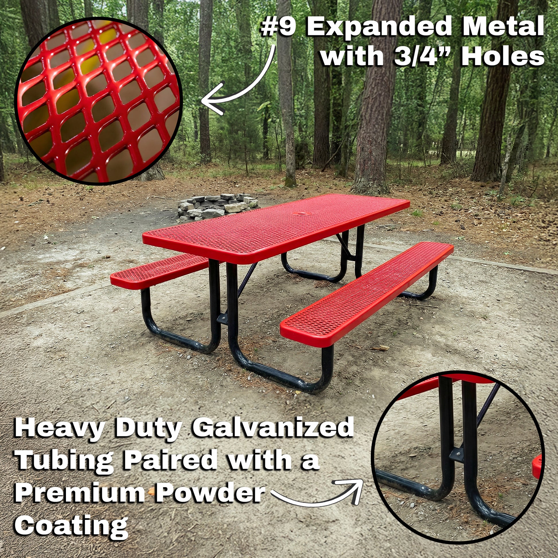 Red picnic table with expanded metal benches in a forest setting, highlighting material details.
