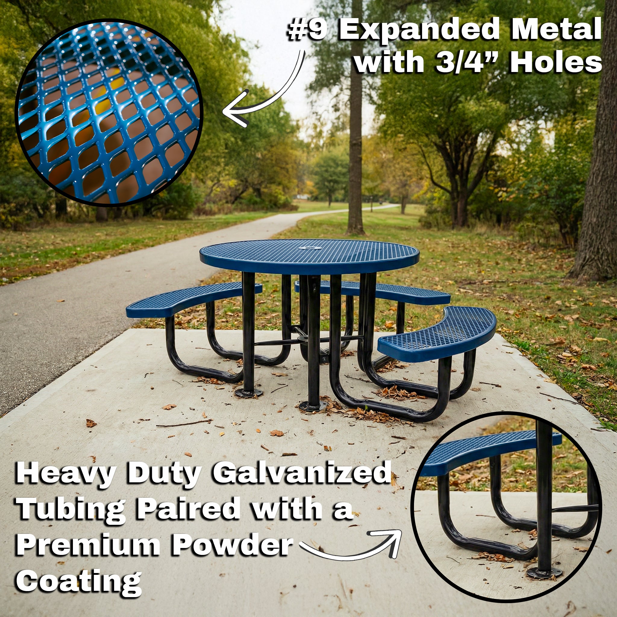 Heavy-duty round outdoor picnic table with expanded metal seating installed on a concrete pad in a public park.