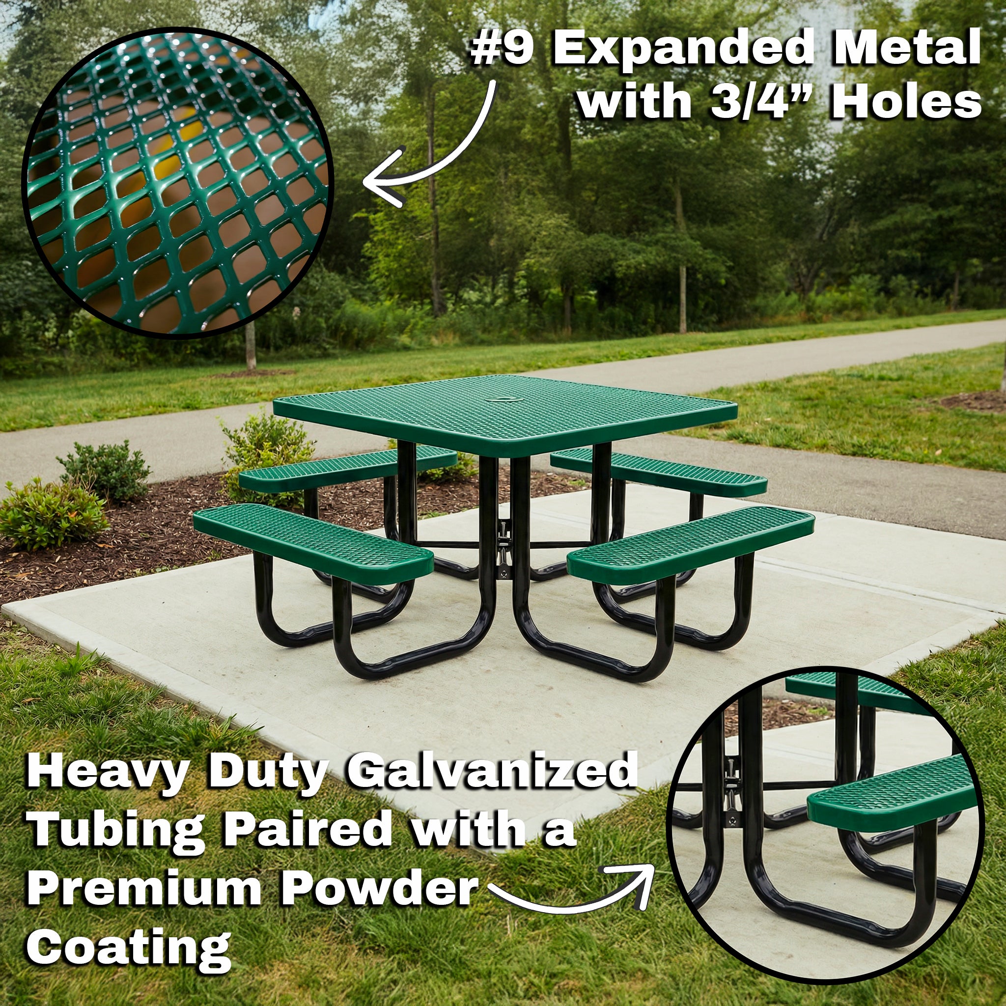 Green heavy duty square metal picnic table with expanded steel top and benches on a concrete pad in a park setting.