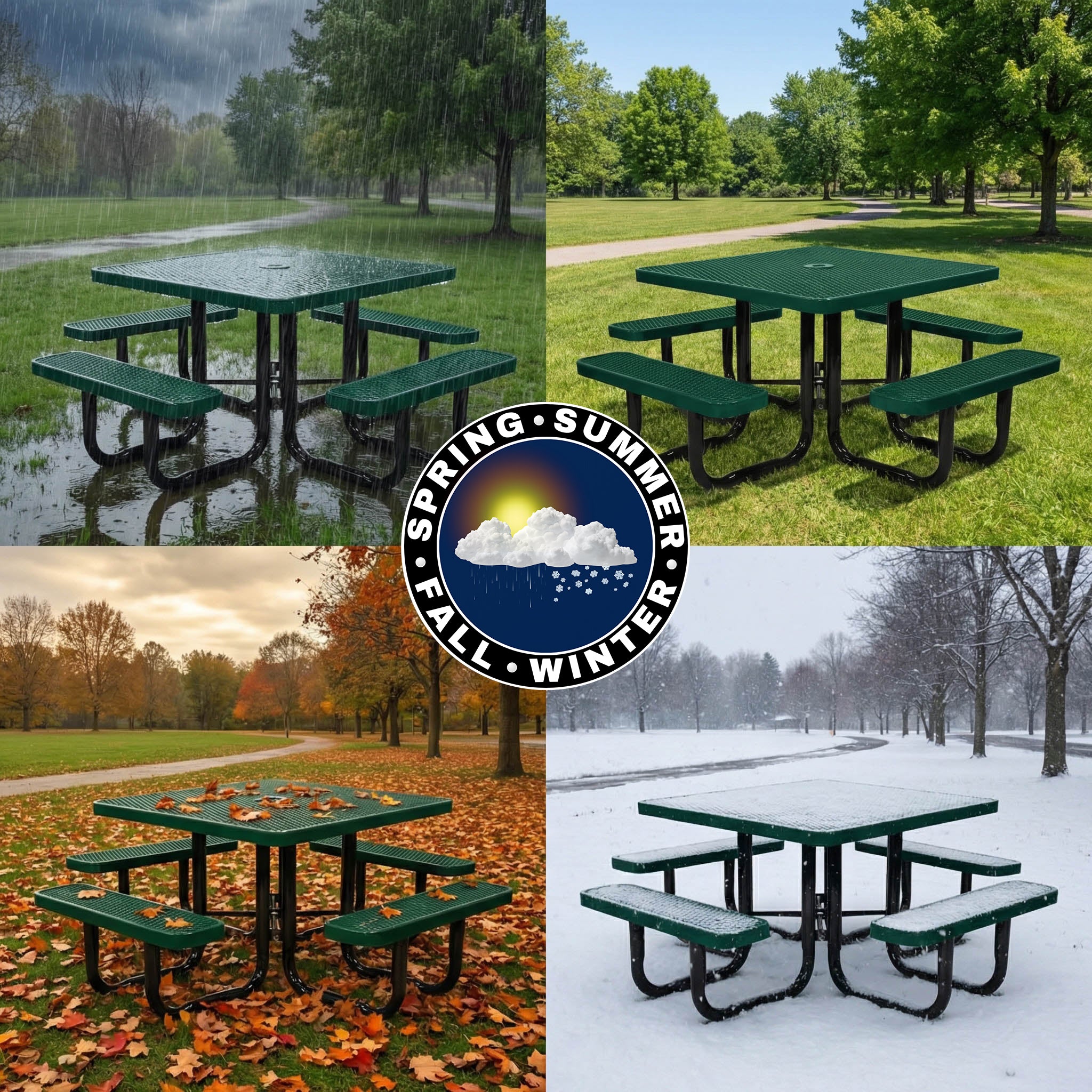 Green square heavy duty square metal picnic table shown in rain, summer sun, fall leaves, and winter snow, designed for year round outdoor use.