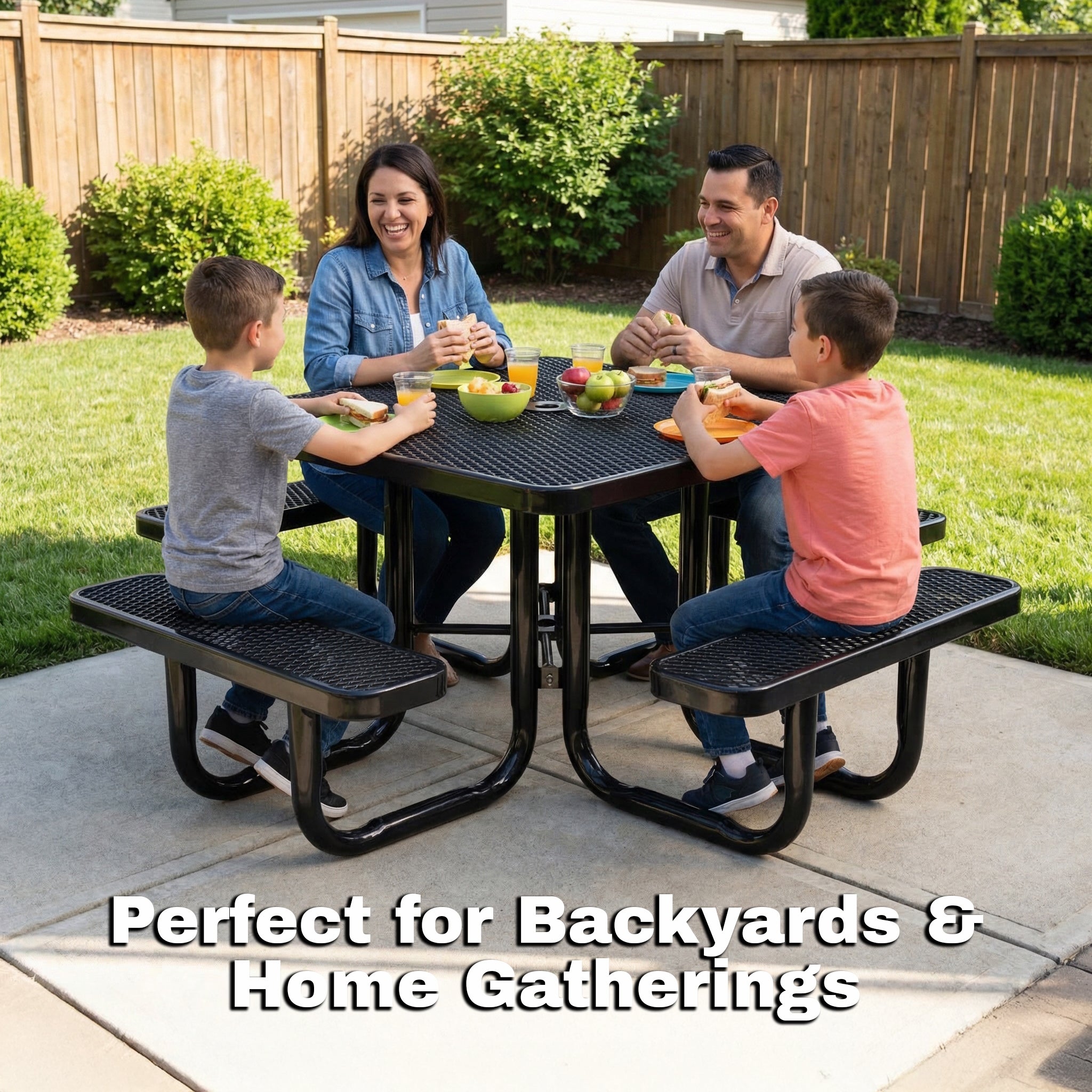 Family enjoying a meal around a black heavy duty square metal picnic table in a backyard, ideal for home gatherings and outdoor patio seating.