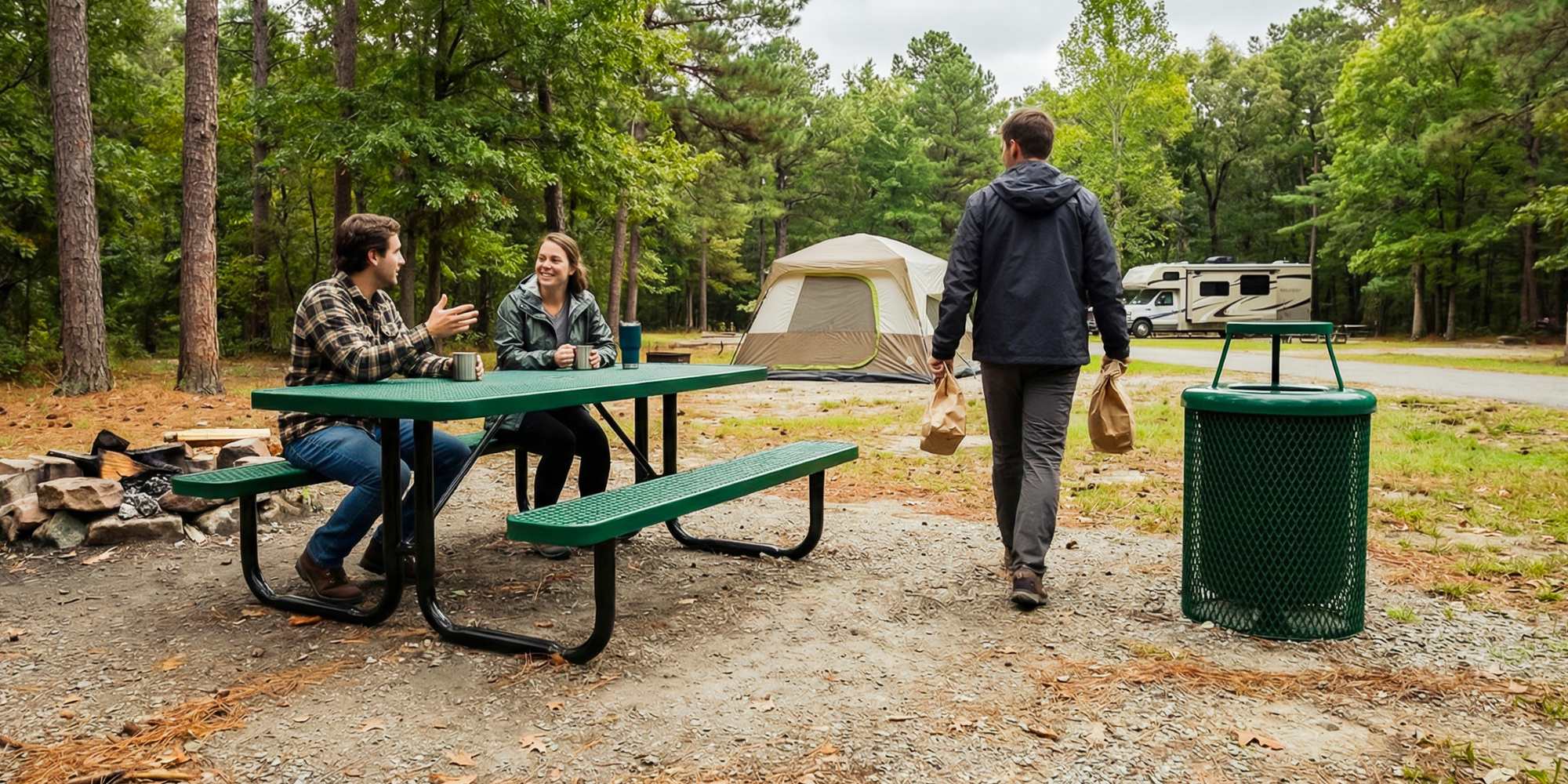 Green 8 ft rectangular expanded metal picnic table with matching outdoor trash receptacle and commercial-grade steel construction