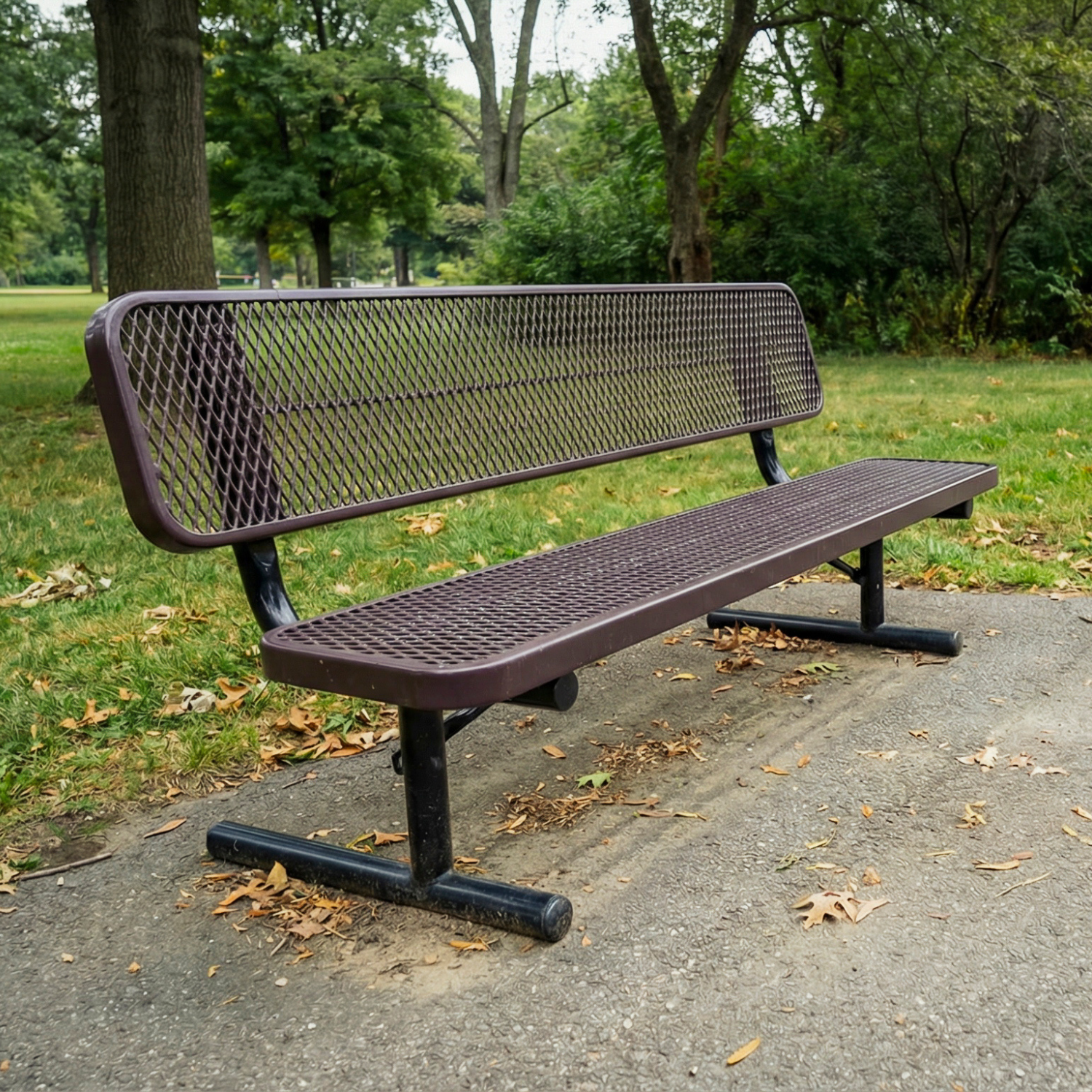 Metal bench with backrest in a park setting