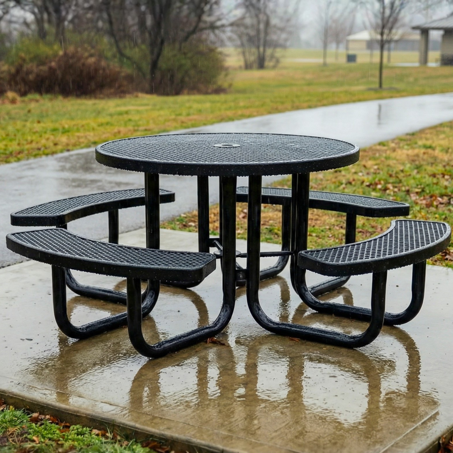 Black metal picnic table with four benches on a wet pavement in a park setting.
