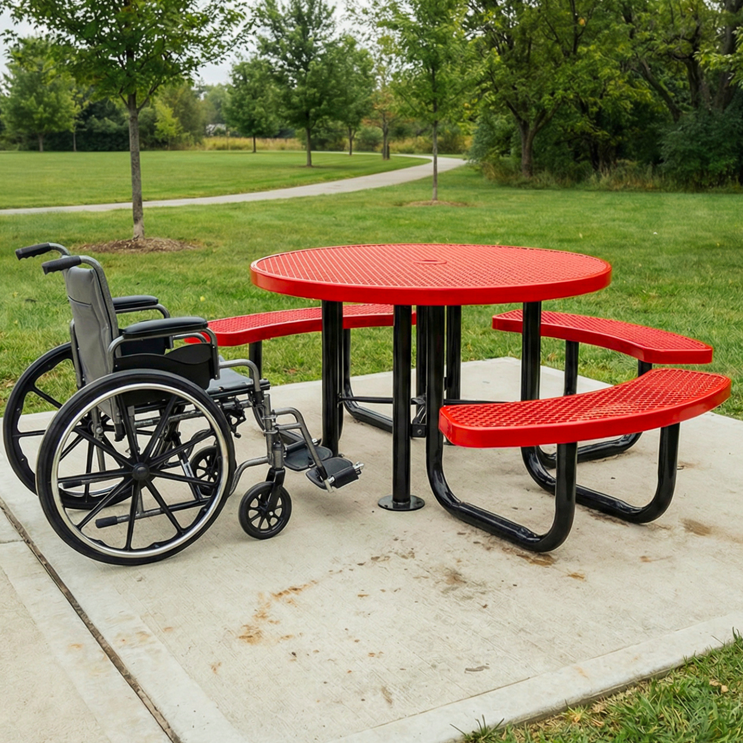 Red ADA picnic table with black legs and a wheelchair on a paved area with grass and trees in the background.