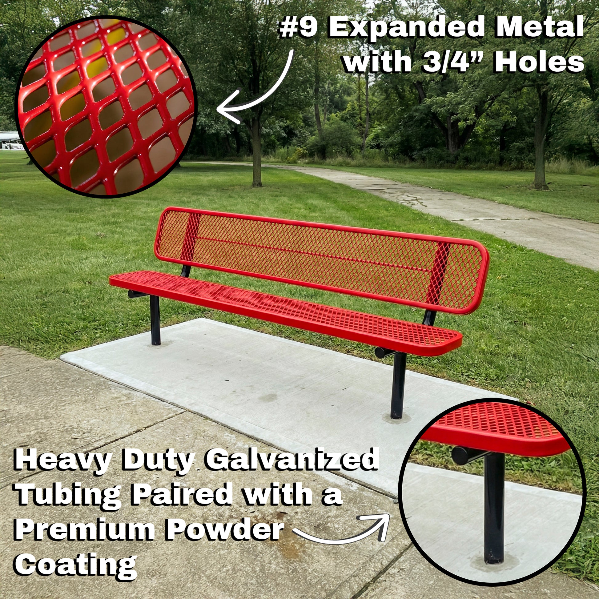 Red metal bench with expanded metal design in a park setting