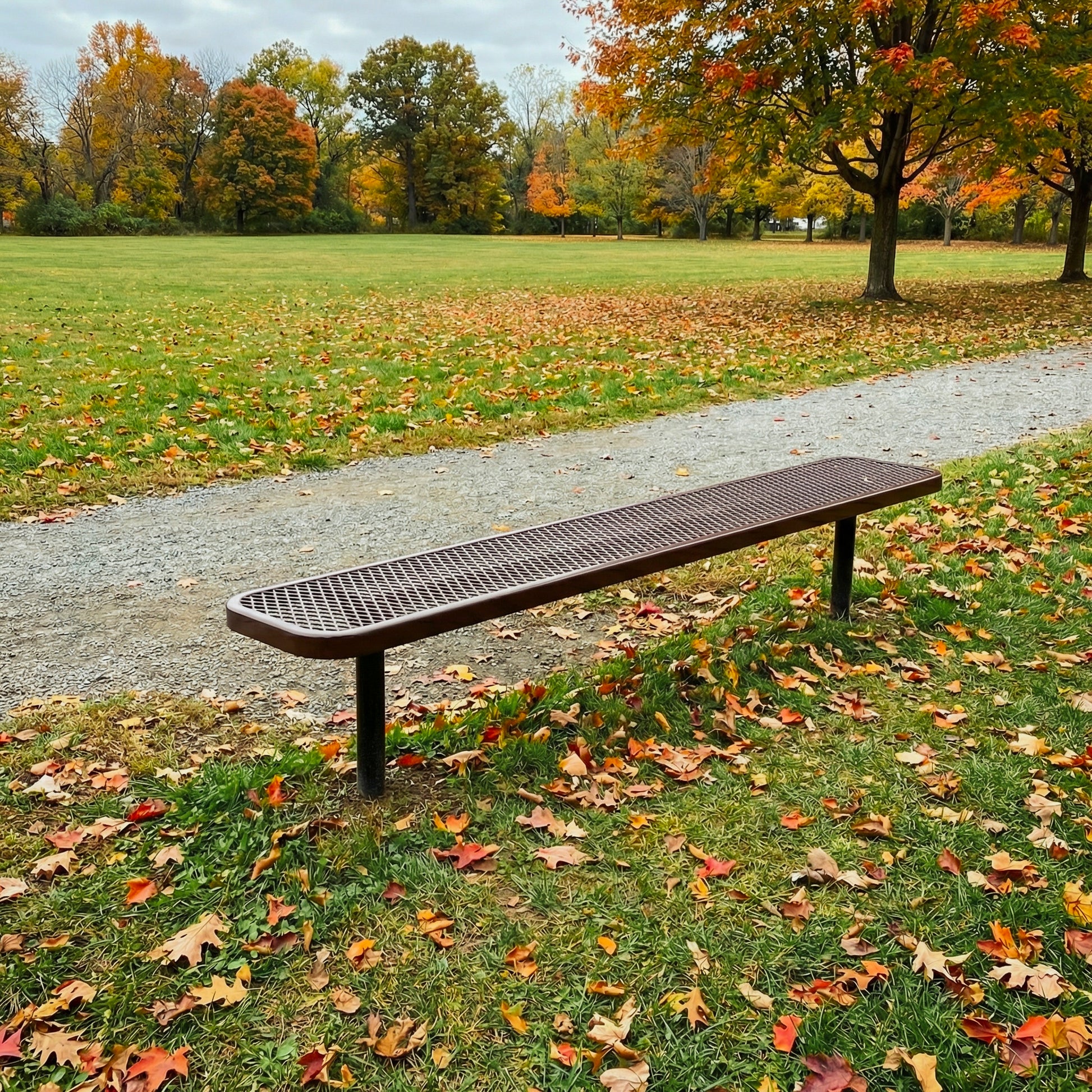 Long metal bench on a grassy area with fallen leaves and trees in the background