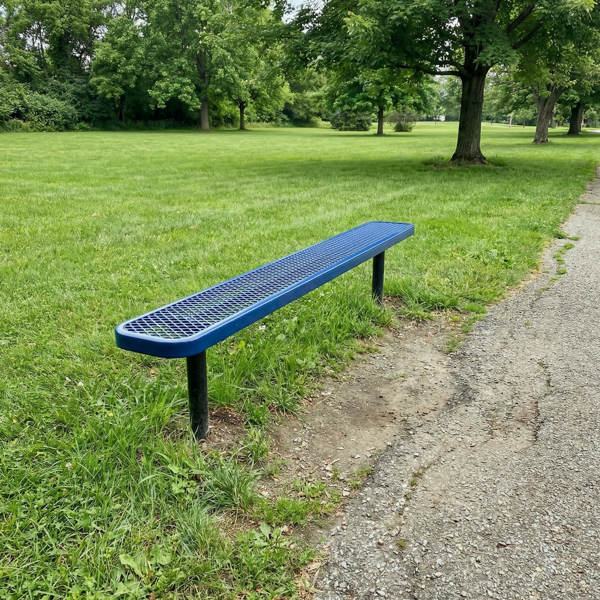 Blue bench on a grassy area with trees in the background