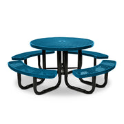 Blue round picnic table with four curved bench seats on a white background