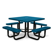 Blue square picnic table with four benches on a white background